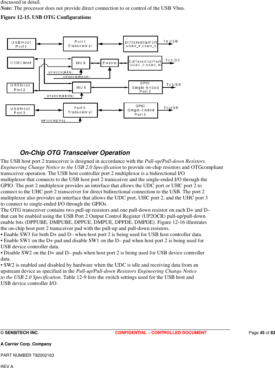  © SENSITECH INC. CONFIDENTIAL – CONTROLLED DOCUMENT   Page 45 of 83 A Carrier Corp. Company PART NUMBER T82002163 REV A  discussed in detail. Note: The processor does not provide direct connection to or control of the USB Vbus. Figure 12-15. USB OTG Configurations     On-Chip OTG Transceiver Operation The USB host port 2 transceiver is designed in accordance with the Pull-up/Pull-down Resistors Engineering Change Notice to the USB 2.0 Specification to provide on-chip resistors and OTGcompliant transceiver operation. The USB host controller port 2 multiplexor is a bidirectional I/O multiplexor that connects to the USB host port 2 transceiver and the single-ended I/O through the GPIO. The port 2 multiplexor provides an interface that allows the UDC port or UHC port 2 to connect to the UHC port 2 transceiver for direct bidirectional connection to the USB. The port 2 multiplexor also provides an interface that allows the UDC port, UHC port 2, and the UHC port 3 to connect to single-ended I/O through the GPIOs. The OTG transceiver contains two pull-up resistors and one pull-down resistor on each D+ and D– that can be enabled using the USB Port 2 Output Control Register (UP2OCR) pull-up/pull-down enable bits (DPPUBE, DMPUBE, DPPUE, DMPUE, DPPDE, DMPDE). Figure 12-16 illustrates the on-chip host port 2 transceiver pad with the pull-up and pull-down resistors. • Enable SW3 for both D+ and D– when host port 2 is being used for USB host controller data. • Enable SW1 on the D+ pad and disable SW1 on the D– pad when host port 2 is being used for USB device controller data. • Disable SW2 on the D+ and D– pads when host port 2 is being used for USB device controller data. • SW2 is enabled and disabled by hardware when the UDC is idle and receiving data from an upstream device as specified in the Pull-up/Pull-down Resistors Engineering Change Notice to the USB 2.0 Specification. Table 12-9 lists the switch settings used for the USB host and USB device controller I/O.     