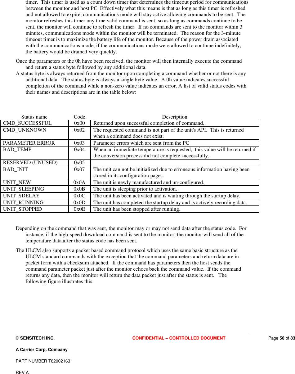  © SENSITECH INC. CONFIDENTIAL – CONTROLLED DOCUMENT   Page 56 of 83 A Carrier Corp. Company PART NUMBER T82002163 REV A  timer.  This timer is used as a count down timer that determines the timeout period for communications between the monitor and host PC. Effectively what this means is that as long as this timer is refreshed and not allowed to expire, communications mode will stay active allowing commands to be sent.  The monitor refreshes this timer any time valid command is sent, so as long as commands continue to be sent, the monitor will continue to refresh the timer.  If no commands are sent to the monitor within 3 minutes, communications mode within the monitor will be terminated.  The reason for the 3-minute timeout timer is to maximize the battery life of the monitor. Because of the power drain associated with the communications mode, if the communications mode were allowed to continue indefinitely, the battery would be drained very quickly.   Once the parameters or the 0h have been received, the monitor will then internally execute the command and return a status byte followed by any additional data.   A status byte is always returned from the monitor upon completing a command whether or not there is any additional data.  The status byte is always a single byte value.  A 0h value indicates successful completion of the command while a non-zero value indicates an error. A list of valid status codes with their names and descriptions are in the table below:    Status name  Code  Description CMD_SUCCESSFUL  0x00  Returned upon successful completion of command. CMD_UNKNOWN  0x02  The requested command is not part of the unit&apos;s API.  This is returned when a command does not exist.   PARAMETER ERROR  0x03  Parameter errors which are sent from the PC BAD_TEMP  0x04  When an immediate temperature is requested,  this value will be returned if the conversion process did not complete successfully. RESERVED (UNUSED)  0x05   BAD_INIT  0x07  The unit can not be initialized due to erroneous information having been stored in its configuration pages. UNIT_NEW  0x0A  The unit is newly manufactured and un-configured. UNIT_SLEEPING  0x0B  The unit is sleeping prior to activation. UNIT_SDELAY  0x0C  The unit has been activated and is waiting through the startup delay. UNIT_RUNNING  0x0D  The unit has completed the startup delay and is actively recording data. UNIT_STOPPED  0x0E  The unit has been stopped after running.   Depending on the command that was sent, the monitor may or may not send data after the status code.  For instance, if the high-speed download command is sent to the monitor, the monitor will send all of the temperature data after the status code has been sent.  The ULCM also supports a packet based command protocol which uses the same basic structure as the ULCM standard commands with the exception that the command parameters and return data are in packet form with a checksum attached.  If the command has parameters then the host sends the command parameter packet just after the monitor echoes back the command value.  If the command returns any data, then the monitor will return the data packet just after the status is sent.   The following figure illustrates this:  