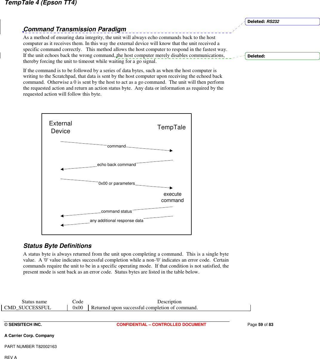  © SENSITECH INC. CONFIDENTIAL – CONTROLLED DOCUMENT   Page 59 of 83 A Carrier Corp. Company PART NUMBER T82002163 REV A  TempTale 4 (Epson TT4)   Command Transmission Paradigm As a method of ensuring data integrity, the unit will always echo commands back to the host computer as it receives them. In this way the external device will know that the unit received a specific command correctly.   This method allows the host computer to respond in the fastest way.  If the unit echoes back the wrong command, the host computer merely disables communications, thereby forcing the unit to timeout while waiting for a go signal. If the command is to be followed by a series of data bytes, such as when the host computer is writing to the Scratchpad, that data is sent by the host computer upon receiving the echoed back command.  Otherwise a 0 is sent by the host to act as a go command.  The unit will then perform the requested action and return an action status byte.  Any data or information as required by the requested action will follow this byte.   commandExternalDevice TempTaleecho back command0x00 or parametersexecutecommandcommand statusany additional response data Status Byte Definitions A status byte is always returned from the unit upon completing a command.  This is a single byte value.  A &apos;0&apos; value indicates successful completion while a non-&apos;0&apos; indicates an error code.  Certain commands require the unit to be in a specific operating mode.  If that condition is not satisfied, the present mode is sent back as an error code.  Status bytes are listed in the table below.     Status name  Code  Description CMD_SUCCESSFUL  0x00  Returned upon successful completion of command. Deleted: RS232 Deleted:  