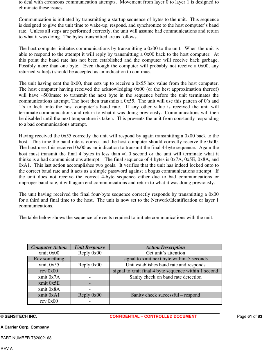  © SENSITECH INC. CONFIDENTIAL – CONTROLLED DOCUMENT   Page 61 of 83 A Carrier Corp. Company PART NUMBER T82002163 REV A  to deal with erroneous communication attempts.  Movement from layer 0 to layer 1 is designed to eliminate these issues.  Communication is initiated by transmitting a startup sequence of bytes to the unit.  This sequence is designed to give the unit time to wake-up, respond, and synchronize to the host computer’s baud rate.  Unless all steps are performed correctly, the unit will assume bad communications and return to what it was doing.  The bytes transmitted are as follows.  The host computer initiates communications by transmitting a 0x00 to the unit.  When the unit is able to respond to the attempt it will reply by transmitting a 0x00 back to the host computer.  At this  point  the  baud  rate  has  not  been  established  and  the  computer  will  receive  back  garbage.  Possibly more than one byte.  Even though the computer will probably not receive a 0x00, any returned value(s) should be accepted as an indication to continue.  The unit having sent the 0x00, then sets up to receive a 0x55 hex value from the host computer.  The host computer having received the acknowledging 0x00 (or the best approximation thereof) will  have  ≈500msec  to  transmit  the  next  byte  in  the  sequence  before  the  unit  terminates  the communications attempt. The host then transmits a 0x55.  The unit will use this pattern of 0’s and 1’s  to  lock  onto  the  host  computer’s  baud  rate.    If  any  other  value  is  received  the  unit  will terminate communications and return to what it was doing previously.  Communications will then be disabled until the next temperature is taken.  This prevents the unit from constantly responding to a bad communications attempt.  Having received the 0x55 correctly the unit will respond by again transmitting a 0x00 back to the host.  This time the baud rate is correct and the host computer should correctly receive the 0x00.  The host uses this received 0x00 as an indication to transmit the final 4-byte sequence.  Again the host must  transmit the  final 4  bytes  in  less  than  ≈1.0  second  or  the  unit will terminate what  it thinks is a bad communications attempt.   The final sequence of 4 bytes is 0x7A, 0x5E, 0x8A, and 0xA1.  This last action accomplishes two goals.  It verifies that the unit has indeed locked onto to the correct baud rate and it acts as a simple password against a bogus communications attempt.  If the  unit  does  not  receive  the  correct  4-byte  sequence  either  due  to  bad  communications  or improper baud rate, it will again end communications and return to what it was doing previously.  The unit having received the final four-byte sequence correctly responds by transmitting a 0x00 for a third and final time to the host.  The unit is now set to the Network/Identification or layer 1 communications.  The table below shows the sequence of events required to initiate communications with the unit.     Computer Action  Unit Response  Action Description xmit 0x00  Reply 0x00  Get unit’s attention Rcv something  -  signal to xmit next byte within .5 seconds xmit 0x55  Reply 0x00  Unit establishes baud rate and responds rcv 0x00    signal to xmit final 4 byte sequence within 1 second xmit 0x7A  -  Sanity check on baud rate detection xmit 0x5E  -   xmit 0x8A  -   xmit 0xA1  Reply 0x00  Sanity check successful – respond rcv 0x00  -   