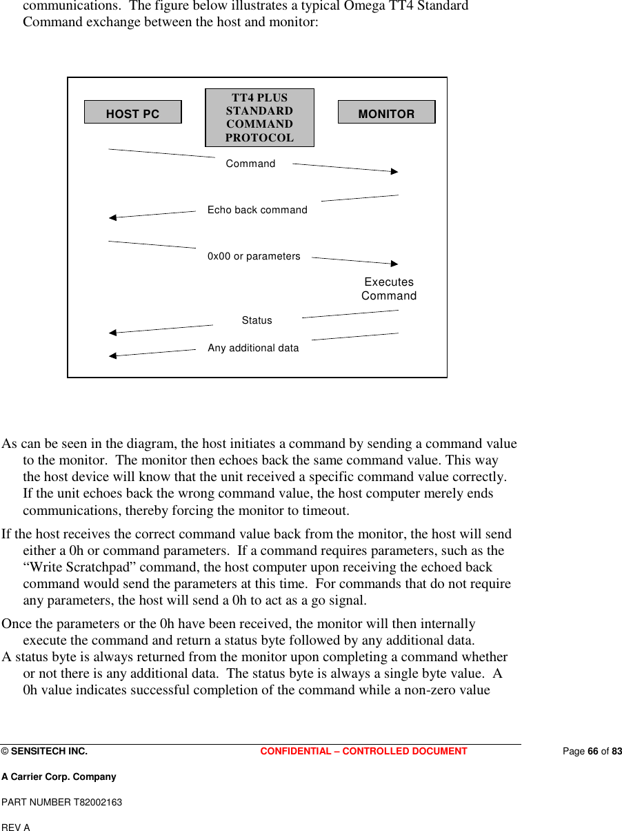  © SENSITECH INC. CONFIDENTIAL – CONTROLLED DOCUMENT   Page 66 of 83 A Carrier Corp. Company PART NUMBER T82002163 REV A  communications.  The figure below illustrates a typical Omega TT4 Standard Command exchange between the host and monitor:     Executes Command Command Echo back command 0x00 or parameters Status Any additional data HOST PC  MONITOR TT4 PLUS STANDARD COMMAND PROTOCOL      As can be seen in the diagram, the host initiates a command by sending a command value to the monitor.  The monitor then echoes back the same command value. This way the host device will know that the unit received a specific command value correctly.  If the unit echoes back the wrong command value, the host computer merely ends communications, thereby forcing the monitor to timeout. If the host receives the correct command value back from the monitor, the host will send either a 0h or command parameters.  If a command requires parameters, such as the “Write Scratchpad” command, the host computer upon receiving the echoed back command would send the parameters at this time.  For commands that do not require any parameters, the host will send a 0h to act as a go signal. Once the parameters or the 0h have been received, the monitor will then internally execute the command and return a status byte followed by any additional data.   A status byte is always returned from the monitor upon completing a command whether or not there is any additional data.  The status byte is always a single byte value.  A 0h value indicates successful completion of the command while a non-zero value 