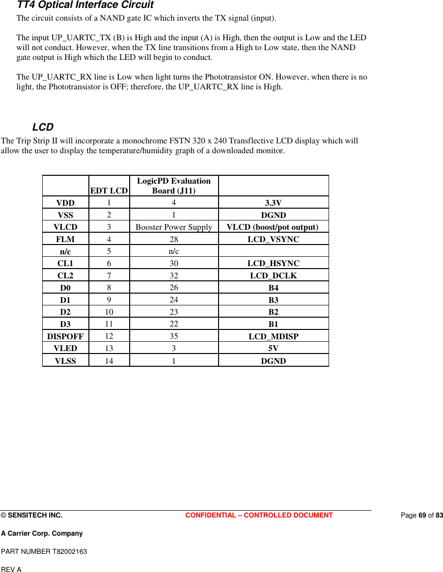  © SENSITECH INC. CONFIDENTIAL – CONTROLLED DOCUMENT   Page 69 of 83 A Carrier Corp. Company PART NUMBER T82002163 REV A   TT4 Optical Interface Circuit The circuit consists of a NAND gate IC which inverts the TX signal (input).   The input UP_UARTC_TX (B) is High and the input (A) is High, then the output is Low and the LED will not conduct. However, when the TX line transitions from a High to Low state, then the NAND gate output is High which the LED will begin to conduct.  The UP_UARTC_RX line is Low when light turns the Phototransistor ON. However, when there is no light, the Phototransistor is OFF; therefore, the UP_UARTC_RX line is High.    LCD The Trip Strip II will incorporate a monochrome FSTN 320 x 240 Transflective LCD display which will allow the user to display the temperature/humidity graph of a downloaded monitor.         EDT LCD LogicPD Evaluation Board (J11)    VDD  1  4  3.3V VSS  2  1  DGND VLCD  3  Booster Power Supply  VLCD (boost/pot output)  FLM  4  28  LCD_VSYNC n/c  5  n/c    CL1  6  30  LCD_HSYNC CL2  7  32  LCD_DCLK D0  8  26  B4 D1  9  24  B3 D2  10  23  B2 D3  11  22  B1 DISPOFF  12  35  LCD_MDISP VLED  13  3  5V VLSS  14  1  DGND              