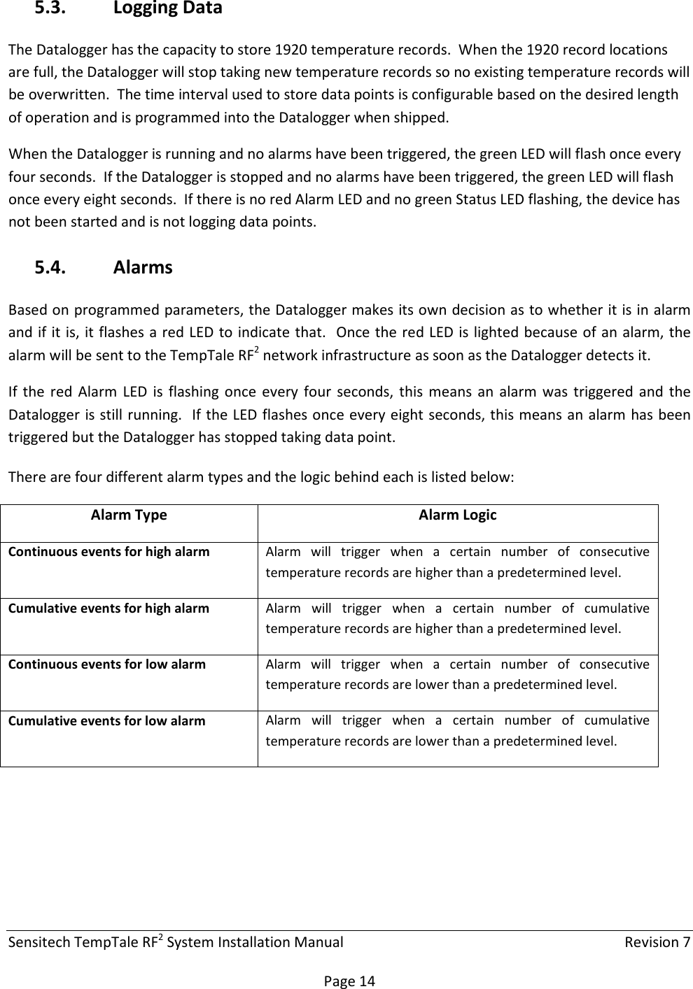 Sensitech TempTale RF2 System Installation Manual    Revision 7  Page 14 5.3. Logging Data The Datalogger has the capacity to store 1920 temperature records.  When the 1920 record locations are full, the Datalogger will stop taking new temperature records so no existing temperature records will be overwritten.  The time interval used to store data points is configurable based on the desired length of operation and is programmed into the Datalogger when shipped. When the Datalogger is running and no alarms have been triggered, the green LED will flash once every four seconds.  If the Datalogger is stopped and no alarms have been triggered, the green LED will flash once every eight seconds.  If there is no red Alarm LED and no green Status LED flashing, the device has not been started and is not logging data points. 5.4. Alarms Based on programmed parameters, the Datalogger makes its own decision as to whether it is in alarm and if it is, it flashes a red LED to indicate that.  Once the red LED is lighted because of an alarm, the alarm will be sent to the TempTale RF2 network infrastructure as soon as the Datalogger detects it. If  the  red  Alarm  LED  is  flashing once  every  four seconds,  this means  an  alarm  was  triggered and  the Datalogger is still running.  If the LED flashes once every eight seconds, this means an alarm has been triggered but the Datalogger has stopped taking data point. There are four different alarm types and the logic behind each is listed below: Alarm Type Alarm Logic Continuous events for high alarm  Alarm  will  trigger  when  a  certain  number  of  consecutive temperature records are higher than a predetermined level. Cumulative events for high alarm  Alarm  will  trigger  when  a  certain  number  of  cumulative temperature records are higher than a predetermined level. Continuous events for low alarm  Alarm  will  trigger  when  a  certain  number  of  consecutive temperature records are lower than a predetermined level. Cumulative events for low alarm  Alarm  will  trigger  when  a  certain  number  of  cumulative temperature records are lower than a predetermined level.   