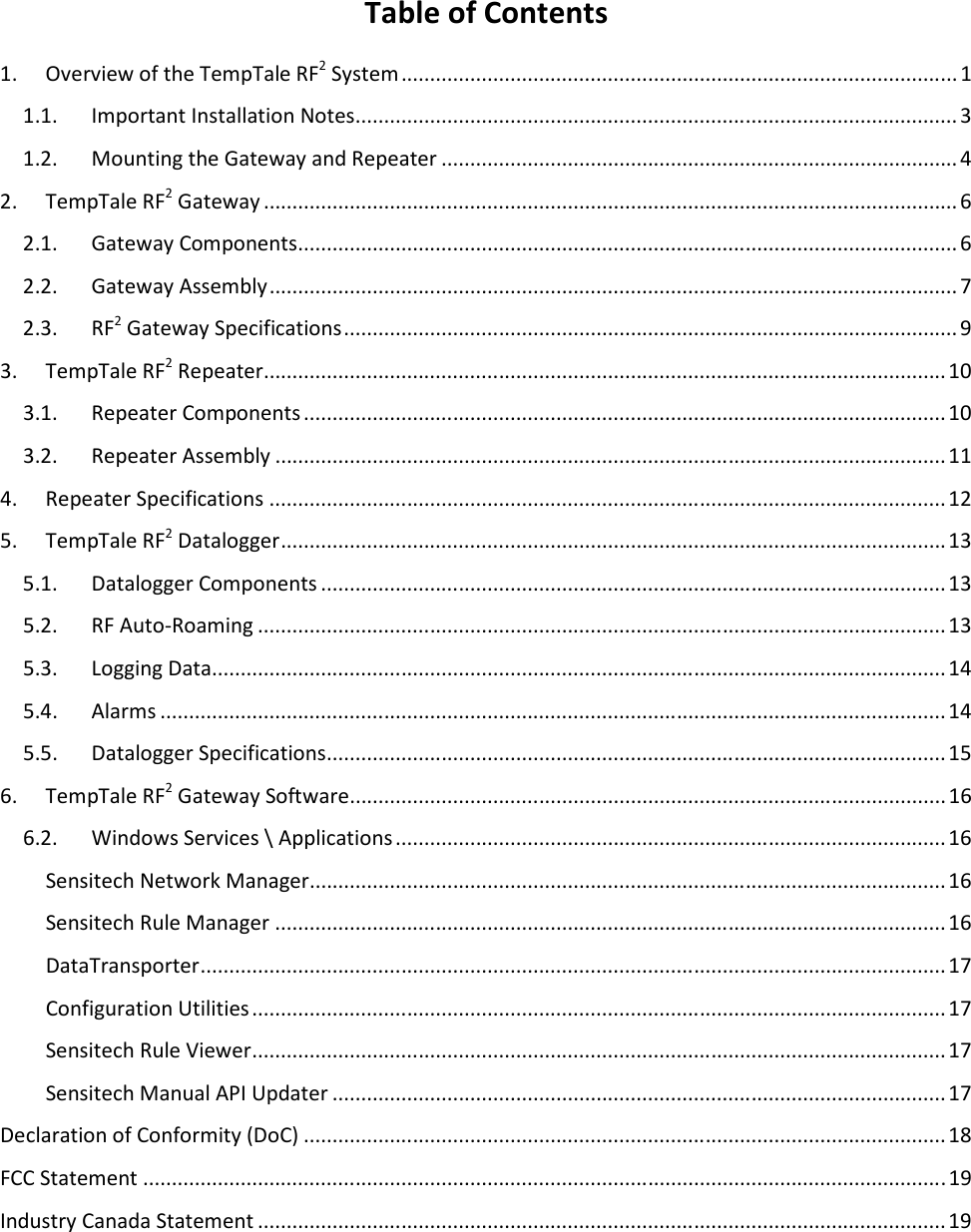 Table of Contents 1.  Overview of the TempTale RF2 System ................................................................................................. 1 1.1.  Important Installation Notes ......................................................................................................... 3 1.2.  Mounting the Gateway and Repeater .......................................................................................... 4 2.  TempTale RF2 Gateway ......................................................................................................................... 6 2.1.  Gateway Components ................................................................................................................... 6 2.2.  Gateway Assembly ........................................................................................................................ 7 2.3.  RF2 Gateway Specifications ........................................................................................................... 9 3.  TempTale RF2 Repeater ....................................................................................................................... 10 3.1.  Repeater Components ................................................................................................................ 10 3.2.  Repeater Assembly ..................................................................................................................... 11 4.  Repeater Specifications ...................................................................................................................... 12 5.  TempTale RF2 Datalogger .................................................................................................................... 13 5.1.  Datalogger Components ............................................................................................................. 13 5.2.  RF Auto-Roaming ........................................................................................................................ 13 5.3.  Logging Data ................................................................................................................................ 14 5.4.  Alarms ......................................................................................................................................... 14 5.5.  Datalogger Specifications ............................................................................................................ 15 6.  TempTale RF2 Gateway Software ........................................................................................................ 16 6.2.  Windows Services \ Applications ................................................................................................ 16 Sensitech Network Manager ............................................................................................................... 16 Sensitech Rule Manager ..................................................................................................................... 16 DataTransporter .................................................................................................................................. 17 Configuration Utilities ......................................................................................................................... 17 Sensitech Rule Viewer ......................................................................................................................... 17 Sensitech Manual API Updater ........................................................................................................... 17 Declaration of Conformity (DoC) ................................................................................................................ 18 FCC Statement ............................................................................................................................................ 19 Industry Canada Statement ........................................................................................................................ 19  