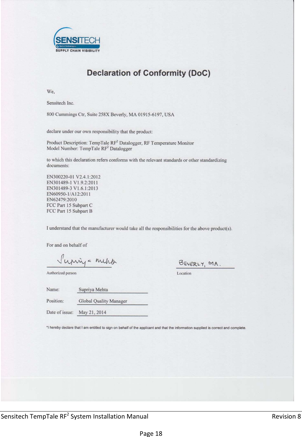 Sensitech TempTale RF2 System Installation Manual    Revision 8  Page 18  