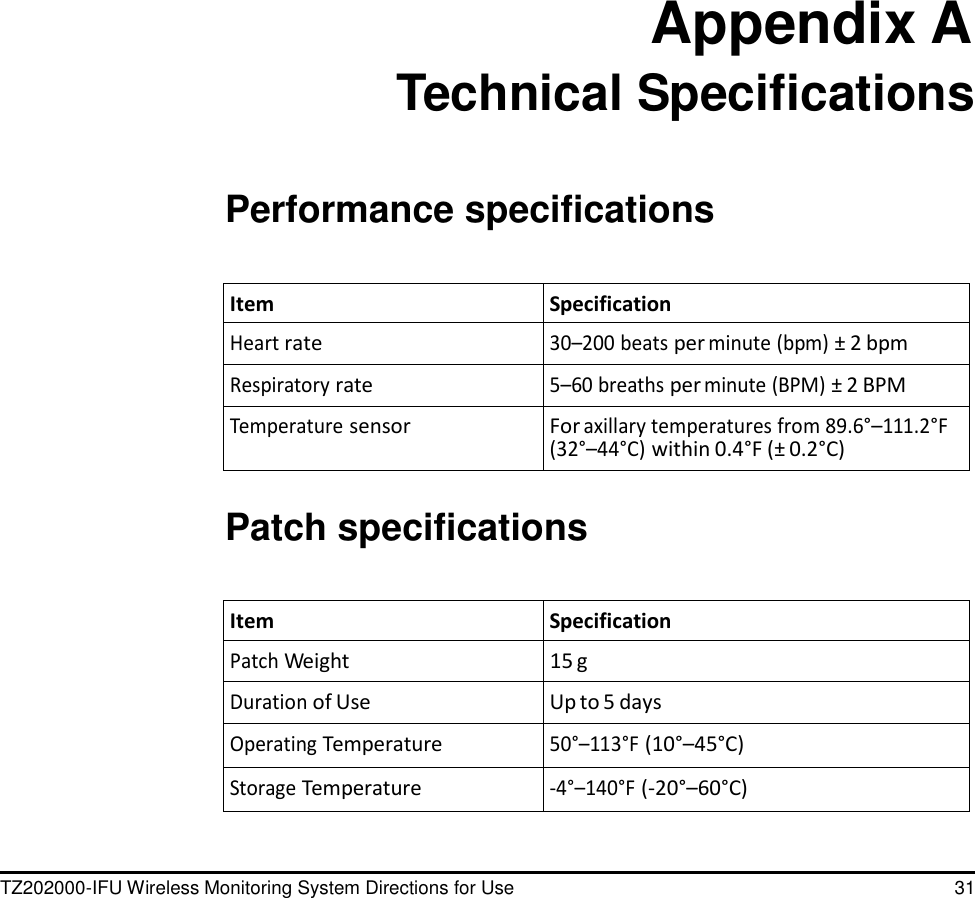 TZ202000-IFU Wireless Monitoring System Directions for Use 31                            Appendix A Technical Specifications    Performance specifications   Item Specification Heart rate 30&ndash;200 beats per minute (bpm) &plusmn; 2 bpm Respiratory rate 5&ndash;60 breaths per minute (BPM) &plusmn; 2 BPM Temperature sensor For axillary temperatures from 89.6&deg;&ndash;111.2&deg;F (32&deg;&ndash;44&deg;C) within 0.4&deg;F (&plusmn; 0.2&deg;C)   Patch specifications   Item Specification Patch Weight 15 g Duration of Use Up to 5 days Operating Temperature 50&deg;&ndash;113&deg;F (10&deg;&ndash;45&deg;C) Storage Temperature -4&deg;&ndash;140&deg;F (-20&deg;&ndash;60&deg;C) 