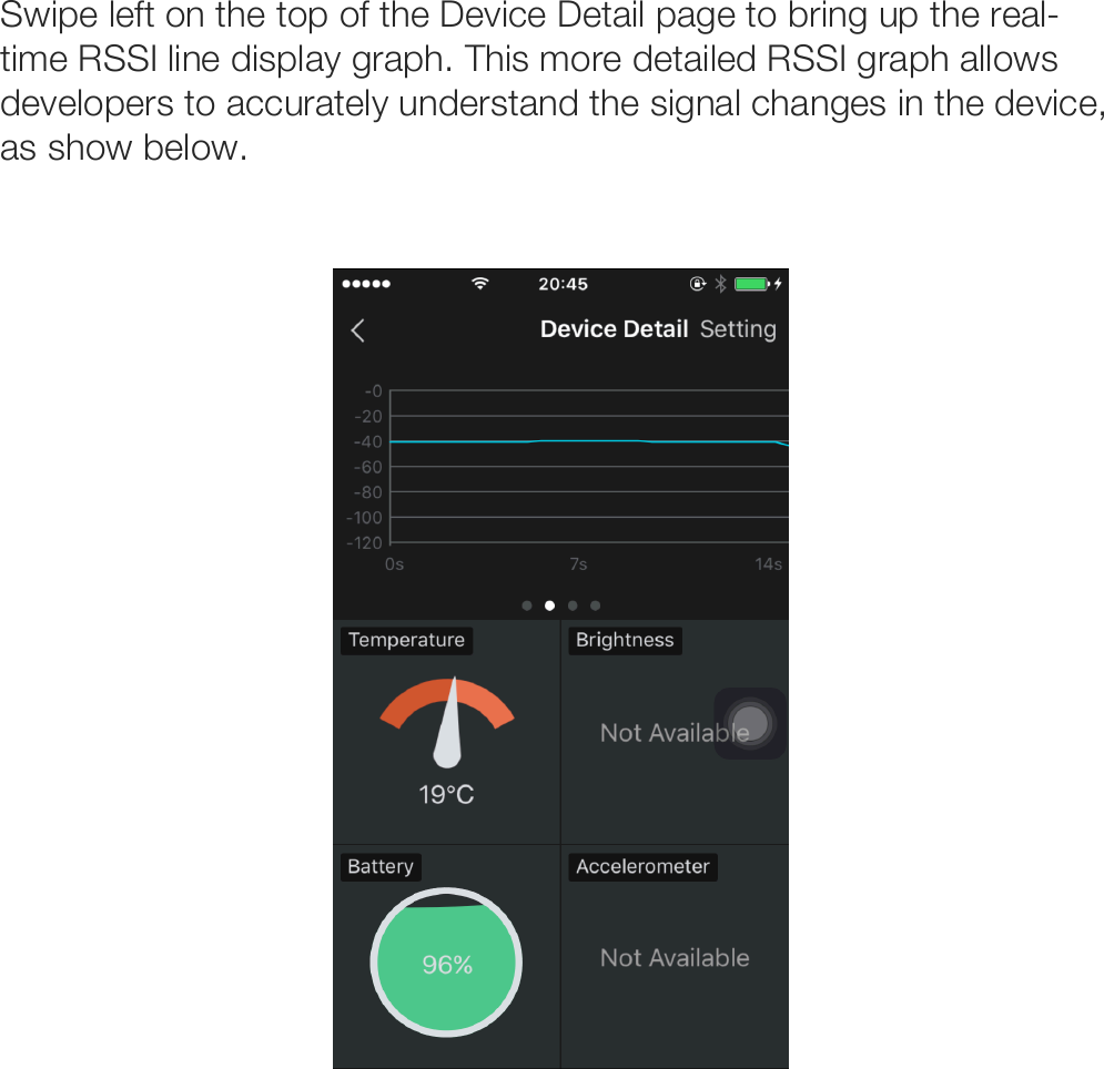 Swipe left on the top of the Device Detail page to bring up the real-time RSSI line display graph. This more detailed RSSI graph allows developers to accurately understand the signal changes in the device, as show below.         