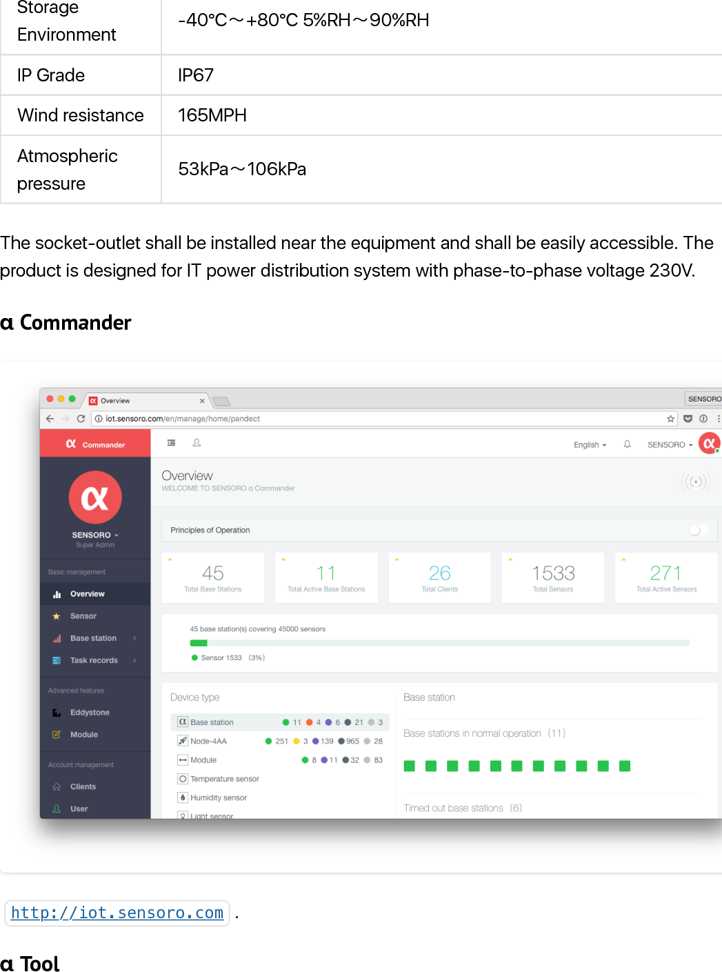 StorageEnvironment -40°Cӗ+80°C 5%RHӗ90%RHIP Grade IP67Wind resistance 165MPHAtmosphericpressure 53kPaӗ106kPaThe socket-outlet shall be installed near the equipment and shall be easily accessible. Theproduct is designed for IT power distribution system with phase-to-phase voltage 230V.α Commanderhttp://iot.sensoro.com .α Tool