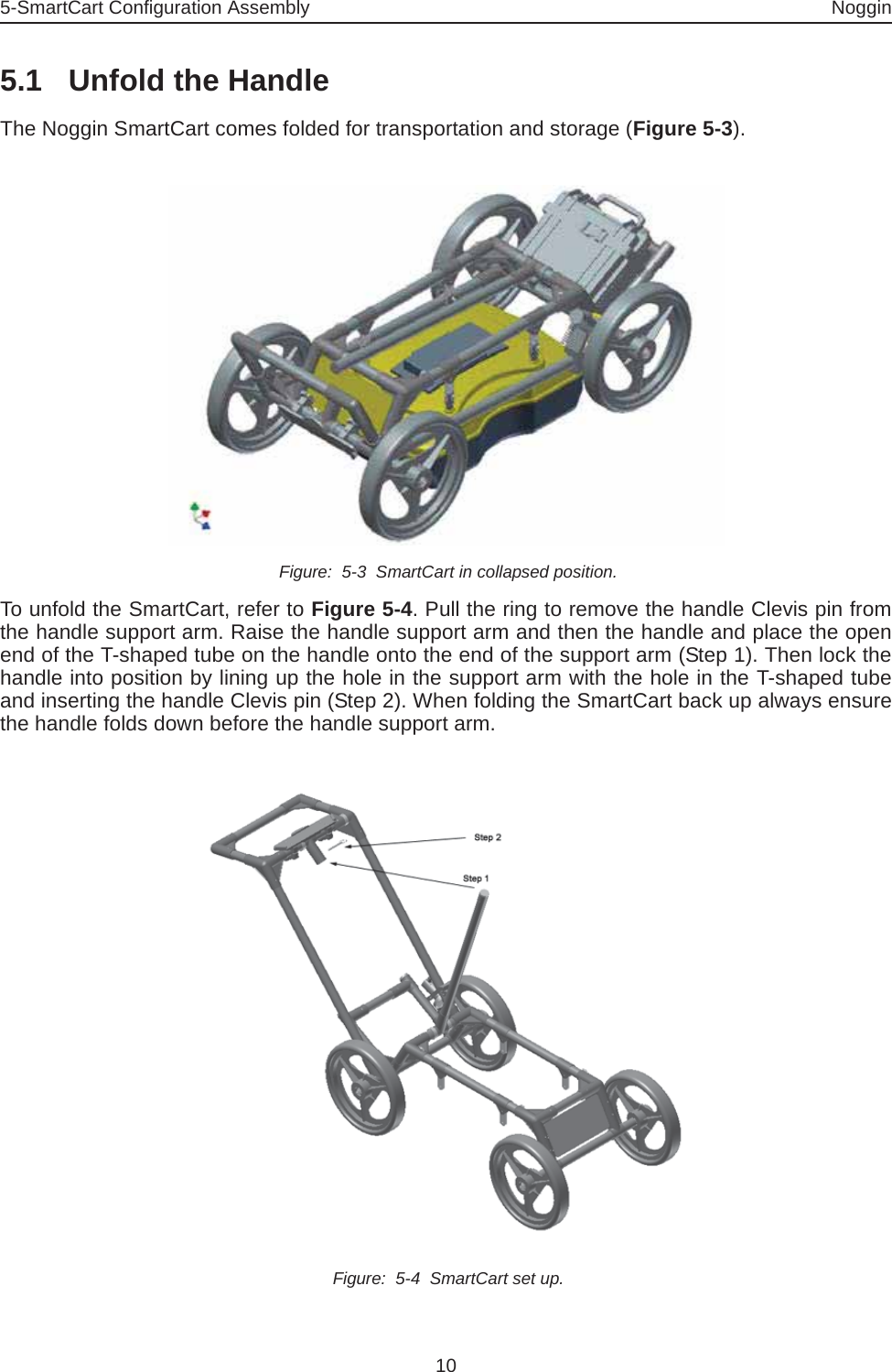 5-SmartCart Configuration Assembly Noggin105.1 Unfold the Handle The Noggin SmartCart comes folded for transportation and storage (Figure 5-3).  Figure:  5-3  SmartCart in collapsed position.To unfold the SmartCart, refer to Figure 5-4. Pull the ring to remove the handle Clevis pin fromthe handle support arm. Raise the handle support arm and then the handle and place the openend of the T-shaped tube on the handle onto the end of the support arm (Step 1). Then lock thehandle into position by lining up the hole in the support arm with the hole in the T-shaped tubeand inserting the handle Clevis pin (Step 2). When folding the SmartCart back up always ensurethe handle folds down before the handle support arm. Figure:  5-4  SmartCart set up.