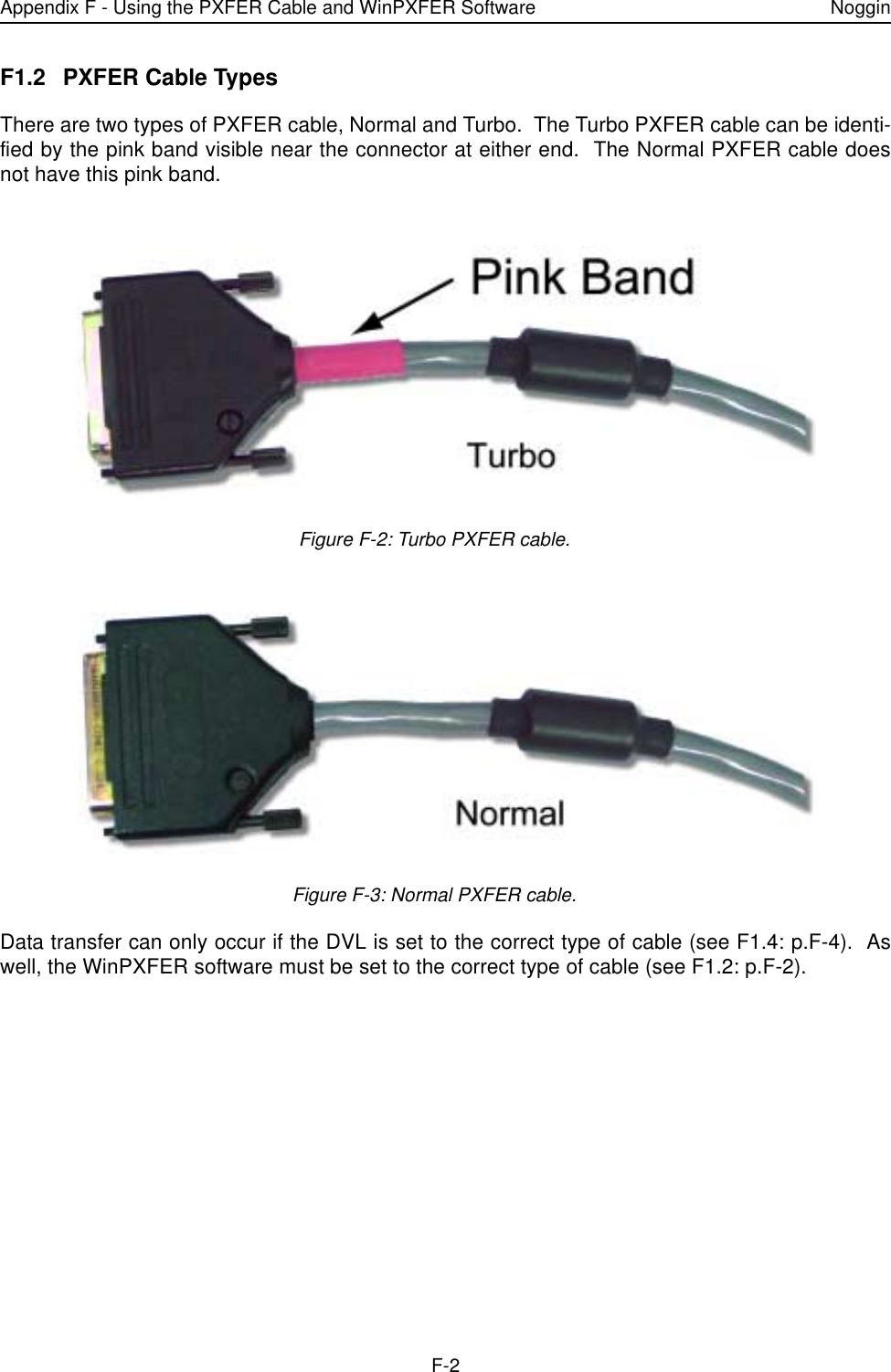 Appendix F - Using the PXFER Cable and WinPXFER Software NogginF-2F1.2 PXFER Cable TypesThere are two types of PXFER cable, Normal and Turbo.  The Turbo PXFER cable can be identi-fied by the pink band visible near the connector at either end.  The Normal PXFER cable doesnot have this pink band.   Figure F-2: Turbo PXFER cable. Figure F-3: Normal PXFER cable.Data transfer can only occur if the DVL is set to the correct type of cable (see F1.4: p.F-4).  Aswell, the WinPXFER software must be set to the correct type of cable (see F1.2: p.F-2).