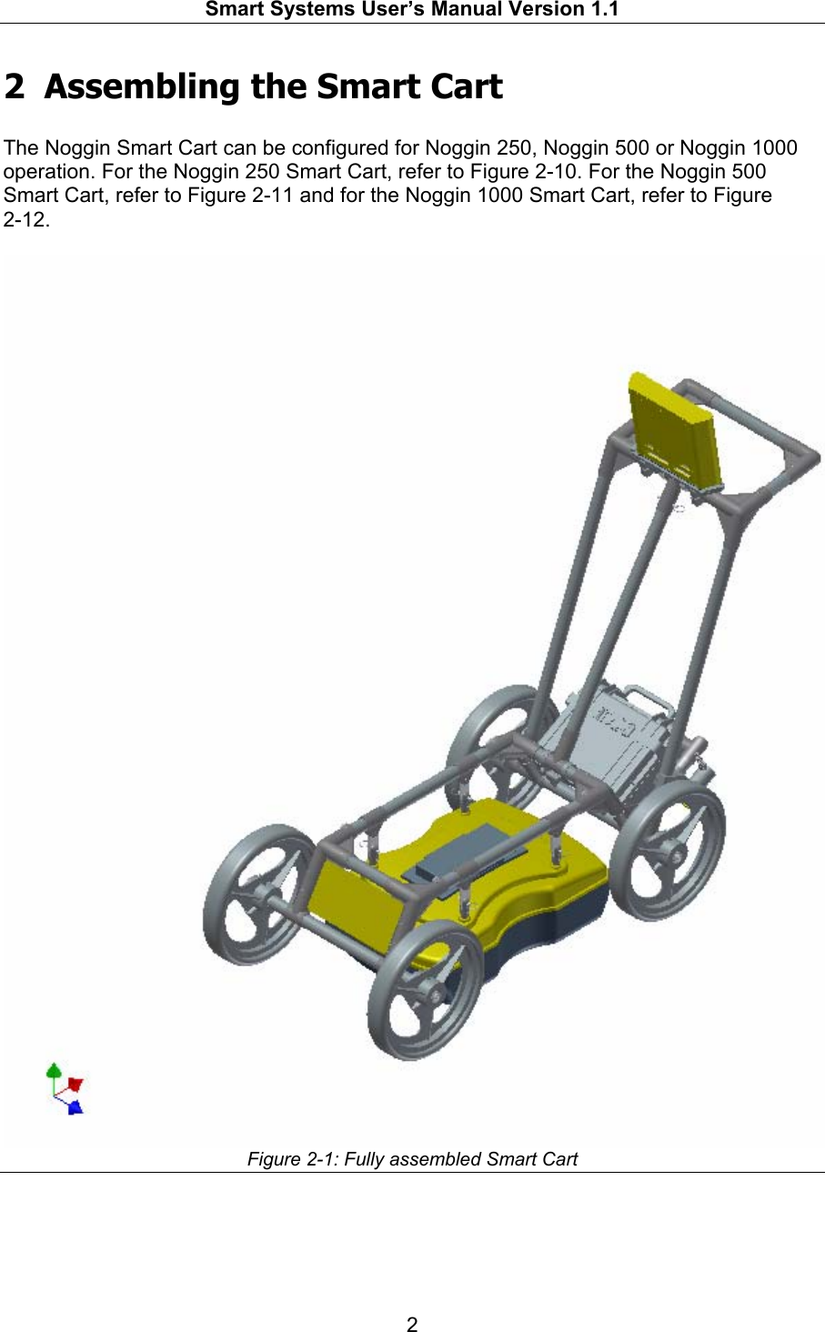   Smart Systems User’s Manual Version 1.1  2  2 Assembling the Smart Cart  The Noggin Smart Cart can be configured for Noggin 250, Noggin 500 or Noggin 1000 operation. For the Noggin 250 Smart Cart, refer to Figure 2-10. For the Noggin 500 Smart Cart, refer to Figure 2-11 and for the Noggin 1000 Smart Cart, refer to Figure 2-12.  Figure 2-1: Fully assembled Smart Cart  