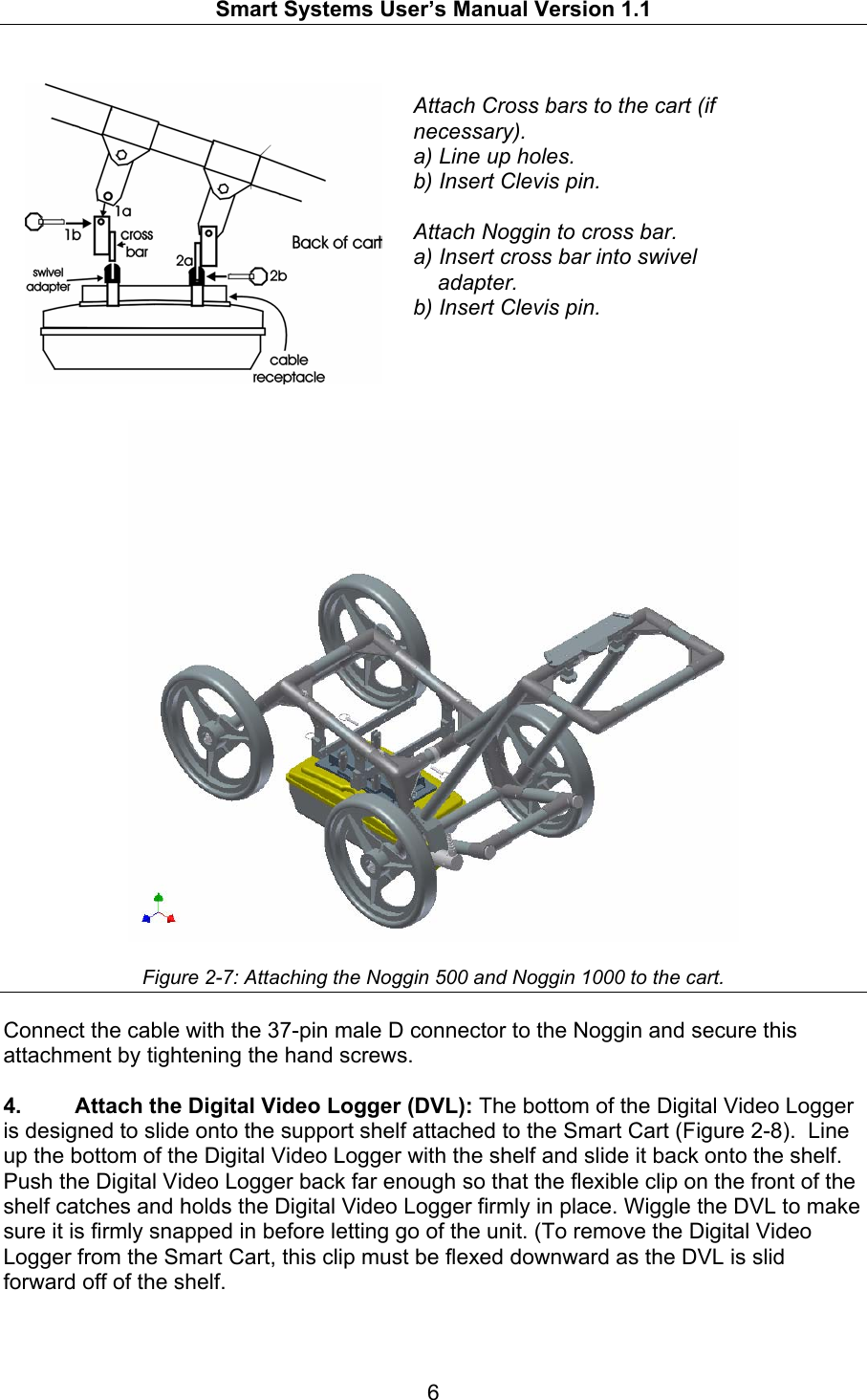   Smart Systems User’s Manual Version 1.1  6   Attach Cross bars to the cart (if necessary). a) Line up holes. b) Insert Clevis pin.  Attach Noggin to cross bar. a) Insert cross bar into swivel      adapter. b) Insert Clevis pin.       Figure 2-7: Attaching the Noggin 500 and Noggin 1000 to the cart.  Connect the cable with the 37-pin male D connector to the Noggin and secure this attachment by tightening the hand screws.  4.  Attach the Digital Video Logger (DVL): The bottom of the Digital Video Logger is designed to slide onto the support shelf attached to the Smart Cart (Figure 2-8).  Line up the bottom of the Digital Video Logger with the shelf and slide it back onto the shelf. Push the Digital Video Logger back far enough so that the flexible clip on the front of the shelf catches and holds the Digital Video Logger firmly in place. Wiggle the DVL to make sure it is firmly snapped in before letting go of the unit. (To remove the Digital Video Logger from the Smart Cart, this clip must be flexed downward as the DVL is slid forward off of the shelf.  