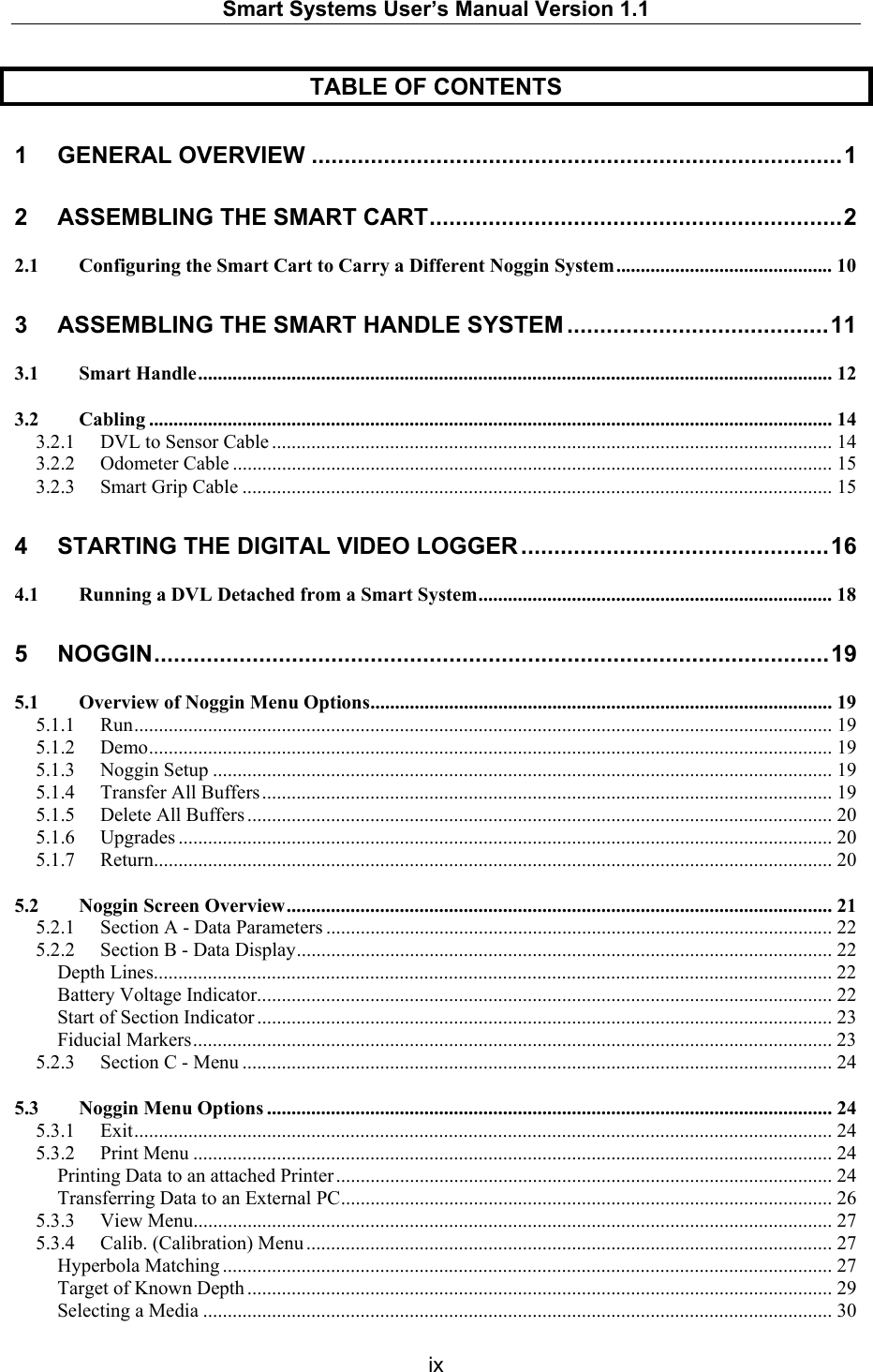   Smart Systems User’s Manual Version 1.1  ix  TABLE OF CONTENTS 1 GENERAL OVERVIEW .................................................................................1 2 ASSEMBLING THE SMART CART...............................................................2 2.1 Configuring the Smart Cart to Carry a Different Noggin System............................................ 10 3 ASSEMBLING THE SMART HANDLE SYSTEM ........................................11 3.1 Smart Handle................................................................................................................................. 12 3.2 Cabling ........................................................................................................................................... 14 3.2.1 DVL to Sensor Cable .................................................................................................................. 14 3.2.2 Odometer Cable .......................................................................................................................... 15 3.2.3 Smart Grip Cable ........................................................................................................................ 15 4 STARTING THE DIGITAL VIDEO LOGGER ...............................................16 4.1 Running a DVL Detached from a Smart System........................................................................ 18 5 NOGGIN.......................................................................................................19 5.1 Overview of Noggin Menu Options.............................................................................................. 19 5.1.1 Run.............................................................................................................................................. 19 5.1.2 Demo........................................................................................................................................... 19 5.1.3 Noggin Setup .............................................................................................................................. 19 5.1.4 Transfer All Buffers.................................................................................................................... 19 5.1.5 Delete All Buffers ....................................................................................................................... 20 5.1.6 Upgrades ..................................................................................................................................... 20 5.1.7 Return.......................................................................................................................................... 20 5.2 Noggin Screen Overview............................................................................................................... 21 5.2.1 Section A - Data Parameters ....................................................................................................... 22 5.2.2 Section B - Data Display............................................................................................................. 22 Depth Lines.......................................................................................................................................... 22 Battery Voltage Indicator..................................................................................................................... 22 Start of Section Indicator ..................................................................................................................... 23 Fiducial Markers.................................................................................................................................. 23 5.2.3 Section C - Menu ........................................................................................................................ 24 5.3 Noggin Menu Options ................................................................................................................... 24 5.3.1 Exit.............................................................................................................................................. 24 5.3.2 Print Menu .................................................................................................................................. 24 Printing Data to an attached Printer..................................................................................................... 24 Transferring Data to an External PC.................................................................................................... 26 5.3.3 View Menu.................................................................................................................................. 27 5.3.4 Calib. (Calibration) Menu ........................................................................................................... 27 Hyperbola Matching ............................................................................................................................ 27 Target of Known Depth ....................................................................................................................... 29 Selecting a Media ................................................................................................................................ 30 