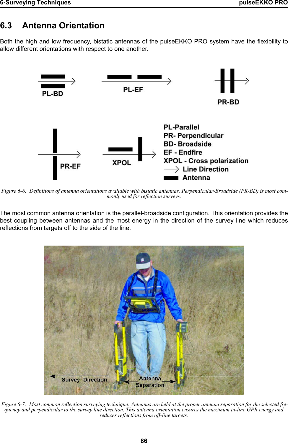 6-Surveying Techniques pulseEKKO PRO866.3 Antenna OrientationBoth the high and low frequency, bistatic antennas of the pulseEKKO PRO system have the flexibility toallow different orientations with respect to one another.  Figure 6-6:  Definitions of antenna orientations available with bistatic antennas. Perpendicular-Broadside (PR-BD) is most com-monly used for reflection surveys.The most common antenna orientation is the parallel-broadside configuration. This orientation provides thebest coupling between antennas and the most energy in the direction of the survey line which reducesreflections from targets off to the side of the line. Figure 6-7:  Most common reflection surveying technique. Antennas are held at the proper antenna separation for the selected fre-quency and perpendicular to the survey line direction. This antenna orientation ensures the maximum in-line GPR energy and reduces reflections from off-line targets.