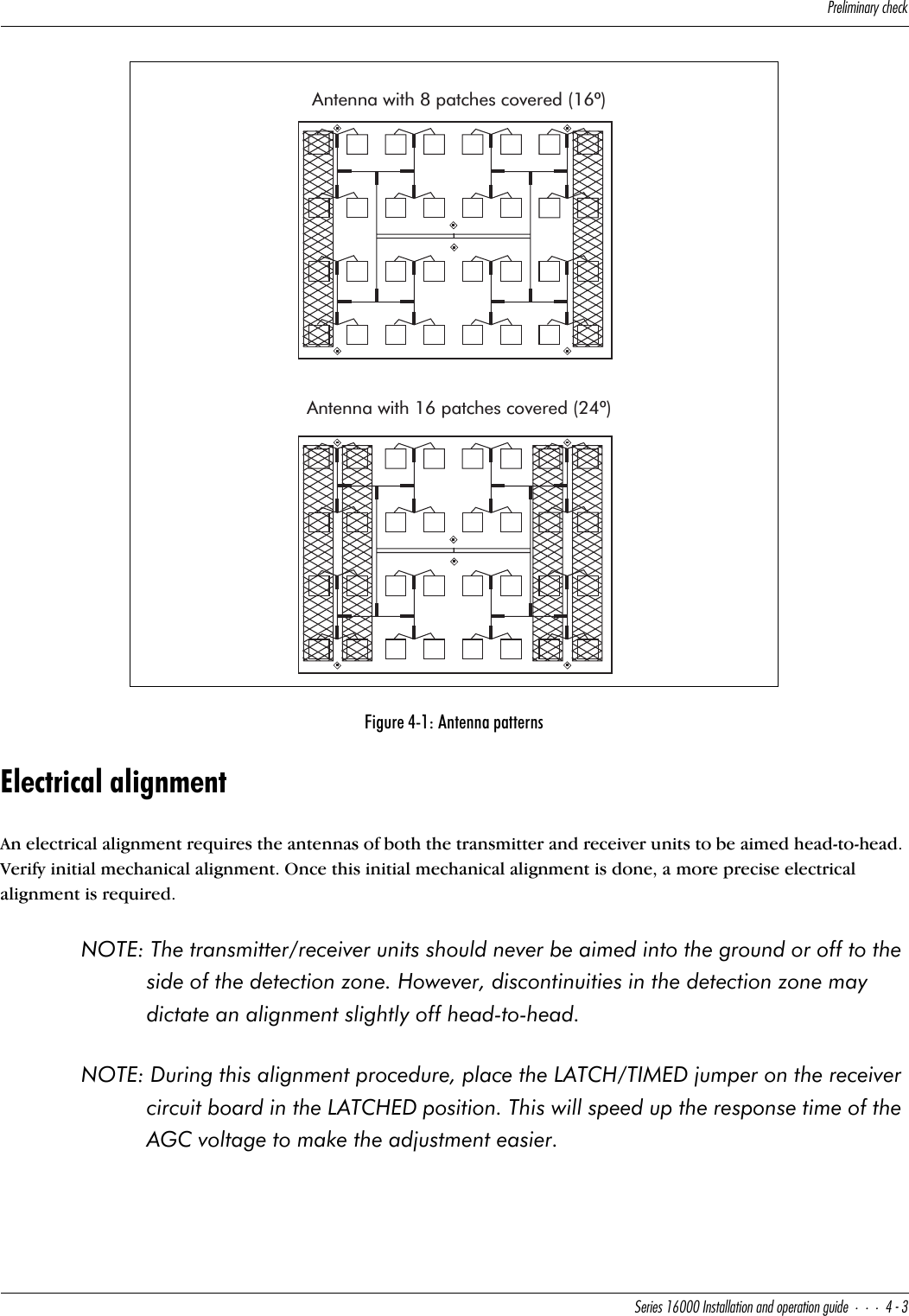 @bU\Y]Y^QbiSXUS[CUbYUc!&amp;   9^cdQ\\QdY_^Q^T_`UbQdY_^WeYTU$#Electrical alignmentAn electrical alignment requires the antennas of both the transmitter and receiver units to be aimed head-to-head. Verify initial mechanical alignment. Once this initial mechanical alignment is done, a more precise electrical alignment is required.NOTE: The transmitter/receiver units should never be aimed into the ground or off to the side of the detection zone. However, discontinuities in the detection zone may dictate an alignment slightly off head-to-head.NOTE: During this alignment procedure, place the LATCH/TIMED jumper on the receiver circuit board in the LATCHED position. This will speed up the response time of the AGC voltage to make the adjustment easier.Figure 4-1: Antenna patternsAntenna with 8 patches covered (16 )ºAntenna with 16 patches covered (24 )º