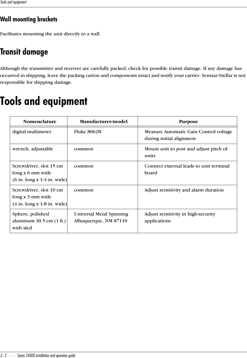 D__\cQ^TUaeY`]U^d#&quot;CUbYUc&quot;$   Y^cdQ\\QdY_^Q^T_`UbQdY_^WeYTUWall mounting bracketsFacilitates mounting the unit directly to a wall.Transit damageAlthough the transmitter and receiver are carefully packed, check for possible transit damage. If any damage has occurred in shipping, leave the packing carton and components intact and notify your carrier. Senstar-Stellar is not responsible for shipping damage.Tools and equipmentNomenclatureManufacturer/modelPurposedigital multimeterFluke 8062BMeasure Automatic Gain Control voltage during initial alignmentwrench, adjustablecommonMount unit to post and adjust pitch of unitsScrewdriver, slot 15 cm long x 6 mm wide (6 in. long x 1/4 in. wide)commonConnect external leads to unit terminal boardScrewdriver, slot 10 cm long x 3 mm wide(4 in. long x 1/8 in. wide)commonAdjust sensitivity and alarm durationSphere, polished aluminum 30.5 cm (1 ft.) with sledUniversal Metal Spinning Albuquerque, NM 87110Adjust sensitivity in high-security applications