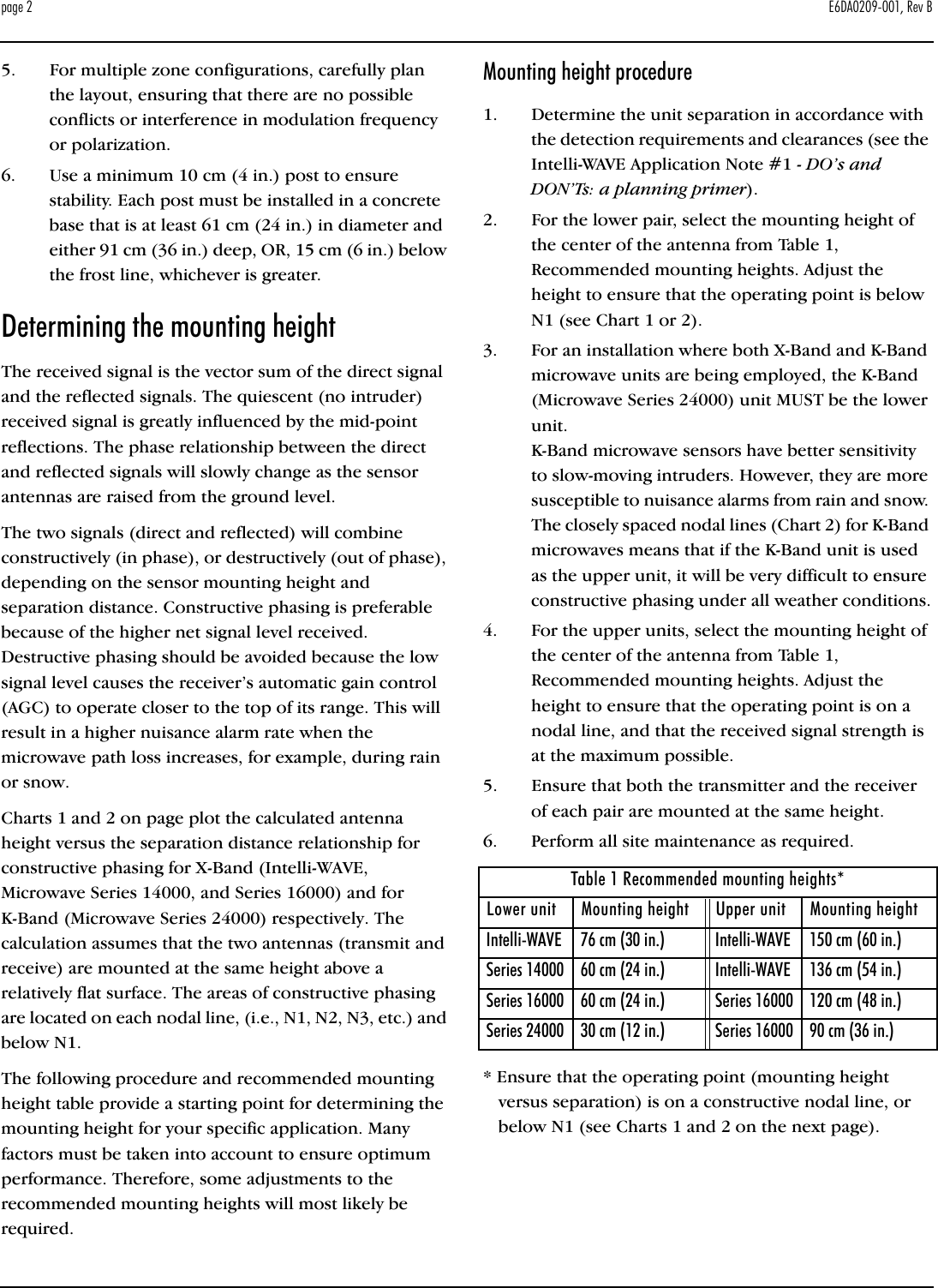 page 2 E6DA0209-001, Rev B5. For multiple zone configurations, carefully plan the layout, ensuring that there are no possible conflicts or interference in modulation frequency or polarization.6. Use a minimum 10 cm (4 in.) post to ensure stability. Each post must be installed in a concrete base that is at least 61 cm (24 in.) in diameter and either 91 cm (36 in.) deep, OR, 15 cm (6 in.) below the frost line, whichever is greater.Determining the mounting heightThe received signal is the vector sum of the direct signal and the reflected signals. The quiescent (no intruder) received signal is greatly influenced by the mid-point reflections. The phase relationship between the direct and reflected signals will slowly change as the sensor antennas are raised from the ground level. The two signals (direct and reflected) will combine constructively (in phase), or destructively (out of phase), depending on the sensor mounting height and separation distance. Constructive phasing is preferable because of the higher net signal level received. Destructive phasing should be avoided because the low signal level causes the receiver’s automatic gain control (AGC) to operate closer to the top of its range. This will result in a higher nuisance alarm rate when the microwave path loss increases, for example, during rain or snow.Charts 1 and 2 on page plot the calculated antenna height versus the separation distance relationship for constructive phasing for X-Band (Intelli-WAVE, Microwave Series 14000, and Series 16000) and for K-Band (Microwave Series 24000) respectively. The calculation assumes that the two antennas (transmit and receive) are mounted at the same height above a relatively flat surface. The areas of constructive phasing are located on each nodal line, (i.e., N1, N2, N3, etc.) and below N1.The following procedure and recommended mounting height table provide a starting point for determining the mounting height for your specific application. Many factors must be taken into account to ensure optimum performance. Therefore, some adjustments to the recommended mounting heights will most likely be required.Mounting height procedure1. Determine the unit separation in accordance with the detection requirements and clearances (see the Intelli-WAVE Application Note #1 - DO’s and DON’Ts: a planning primer).2. For the lower pair, select the mounting height of the center of the antenna from Table 1, Recommended mounting heights. Adjust the height to ensure that the operating point is below N1 (see Chart 1 or 2).3. For an installation where both X-Band and K-Band microwave units are being employed, the K-Band (Microwave Series 24000) unit MUST be the lower unit.K-Band microwave sensors have better sensitivity to slow-moving intruders. However, they are more susceptible to nuisance alarms from rain and snow. The closely spaced nodal lines (Chart 2) for K-Band microwaves means that if the K-Band unit is used as the upper unit, it will be very difficult to ensure constructive phasing under all weather conditions.4. For the upper units, select the mounting height of the center of the antenna from Table 1, Recommended mounting heights. Adjust the height to ensure that the operating point is on a nodal line, and that the received signal strength is at the maximum possible.5. Ensure that both the transmitter and the receiver of each pair are mounted at the same height.6. Perform all site maintenance as required. * Ensure that the operating point (mounting height versus separation) is on a constructive nodal line, or below N1 (see Charts 1 and 2 on the next page).Table 1 Recommended mounting heights* Lower unit  Mounting height Upper unit Mounting height Intelli-WAVE  76 cm (30 in.) Intelli-WAVE 150 cm (60 in.) Series 14000  60 cm (24 in.) Intelli-WAVE 136 cm (54 in.) Series 16000  60 cm (24 in.) Series 16000 120 cm (48 in.) Series 24000  30 cm (12 in.) Series 16000 90 cm (36 in.)
