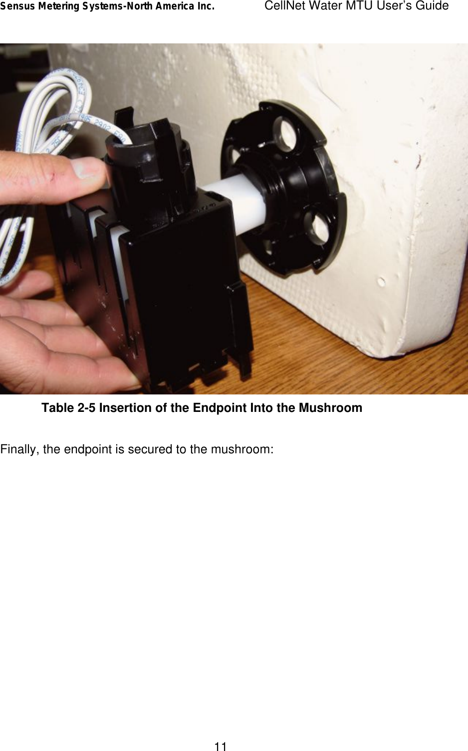 Sensus Metering Systems-North America Inc.    CellNet Water MTU User’s Guide 11  Table 2-5 Insertion of the Endpoint Into the Mushroom  Finally, the endpoint is secured to the mushroom:  