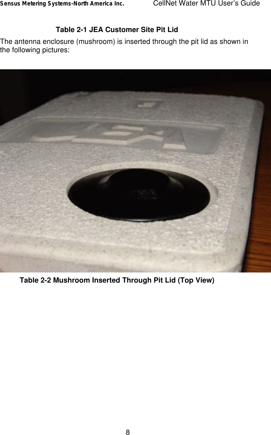 Sensus Metering Systems-North America Inc.    CellNet Water MTU User’s Guide 8 Table 2-1 JEA Customer Site Pit Lid The antenna enclosure (mushroom) is inserted through the pit lid as shown in the following pictures:   Table 2-2 Mushroom Inserted Through Pit Lid (Top View)  