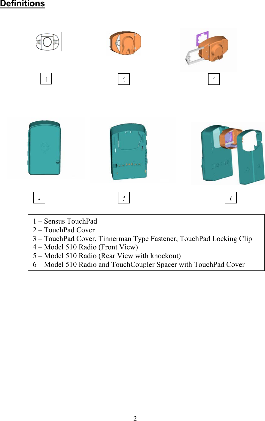  2Definitions         1 – Sensus TouchPad 2 – TouchPad Cover 3 – TouchPad Cover, Tinnerman Type Fastener, TouchPad Locking Clip 4 – Model 510 Radio (Front View) 5 – Model 510 Radio (Rear View with knockout) 6 – Model 510 Radio and TouchCoupler Spacer with TouchPad Cover 123456
