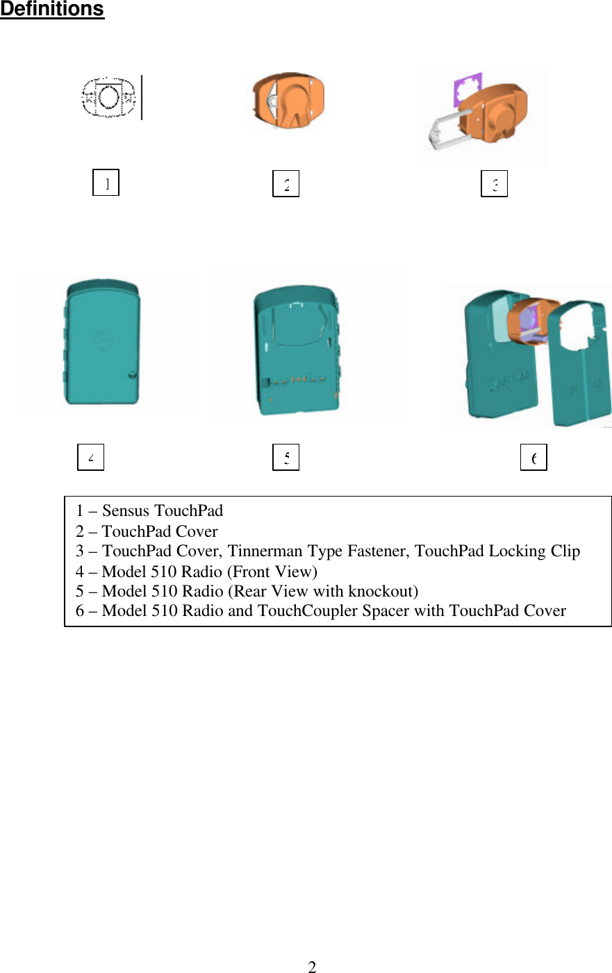  2Definitions         1 – Sensus TouchPad 2 – TouchPad Cover 3 – TouchPad Cover, Tinnerman Type Fastener, TouchPad Locking Clip 4 – Model 510 Radio (Front View) 5 – Model 510 Radio (Rear View with knockout) 6 – Model 510 Radio and TouchCoupler Spacer with TouchPad Cover 123456