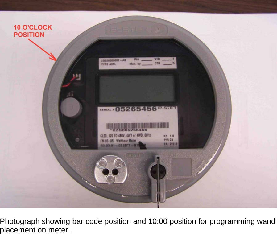   Photograph showing bar code position and 10:00 position for programming wand placement on meter.     