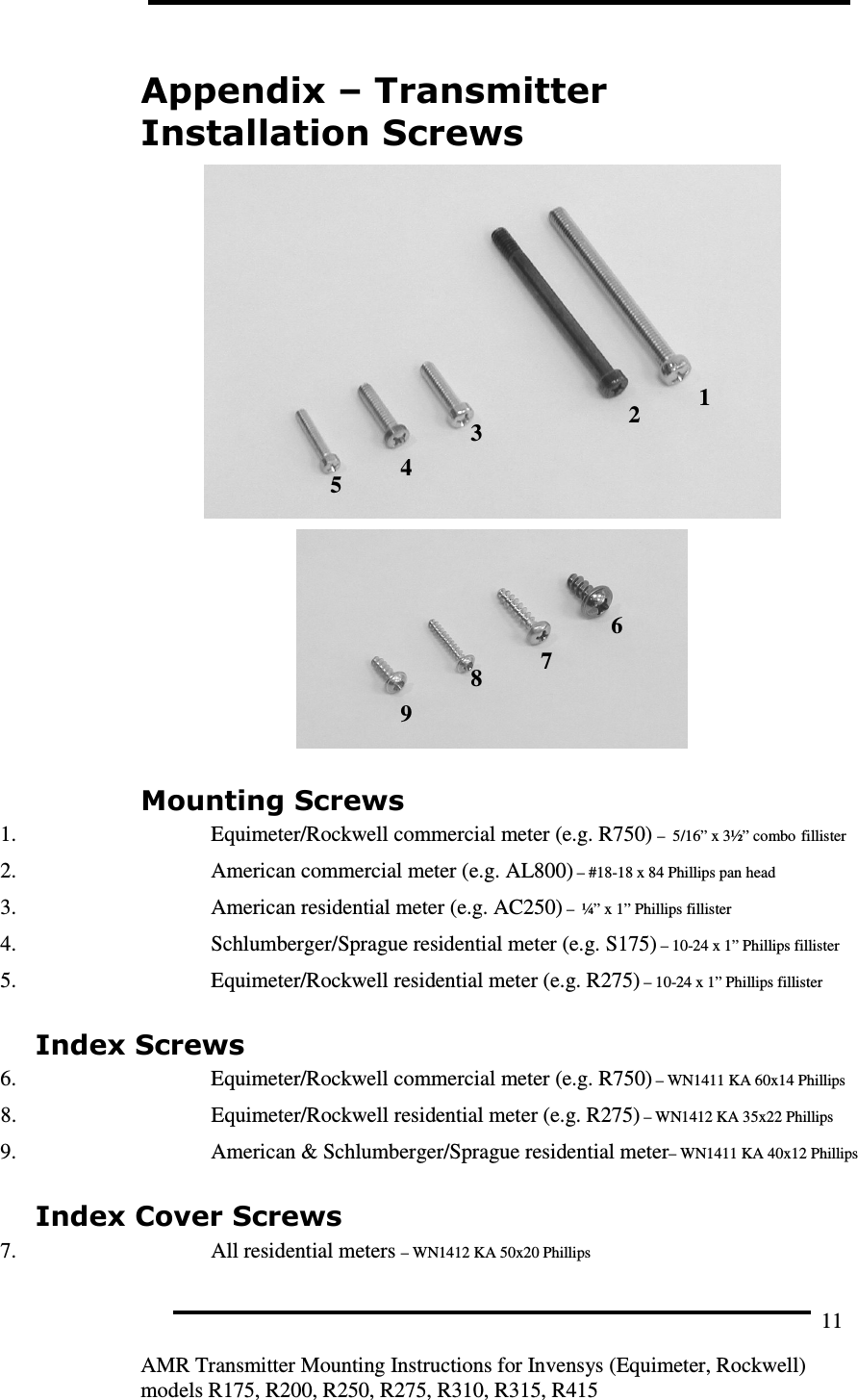         AMR Transmitter Mounting Instructions for Invensys (Equimeter, Rockwell) models R175, R200, R250, R275, R310, R315, R415 11 Appendix – Transmitter Installation Screws   Mounting Screws 1. Equimeter/Rockwell commercial meter (e.g. R750) –  5/16” x 3½” combo fillister  2. American commercial meter (e.g. AL800) – #18-18 x 84 Phillips pan head 3. American residential meter (e.g. AC250) –  ¼” x 1” Phillips fillister  4. Schlumberger/Sprague residential meter (e.g. S175) – 10-24 x 1” Phillips fillister 5. Equimeter/Rockwell residential meter (e.g. R275) – 10-24 x 1” Phillips fillister Index Screws 6. Equimeter/Rockwell commercial meter (e.g. R750) – WN1411 KA 60x14 Phillips 8. Equimeter/Rockwell residential meter (e.g. R275) – WN1412 KA 35x22 Phillips 9. American &amp; Schlumberger/Sprague residential meter– WN1411 KA 40x12 Phillips Index Cover Screws 7. All residential meters – WN1412 KA 50x20 Phillips  1 2 3 4 5 6 7 8 9 