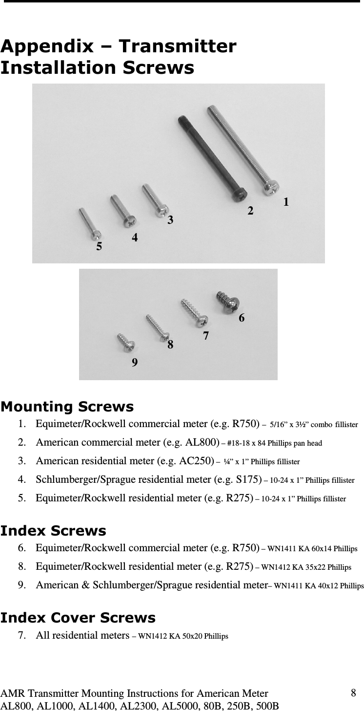  AMR Transmitter Mounting Instructions for American Meter AL800, AL1000, AL1400, AL2300, AL5000, 80B, 250B, 500B 8 Appendix – Transmitter Installation Screws   Mounting Screws 1. Equimeter/Rockwell commercial meter (e.g. R750) –  5/16” x 3½” combo fillister  2. American commercial meter (e.g. AL800) – #18-18 x 84 Phillips pan head 3. American residential meter (e.g. AC250) –  ¼” x 1” Phillips fillister  4. Schlumberger/Sprague residential meter (e.g. S175) – 10-24 x 1” Phillips fillister 5. Equimeter/Rockwell residential meter (e.g. R275) – 10-24 x 1” Phillips fillister Index Screws 6. Equimeter/Rockwell commercial meter (e.g. R750) – WN1411 KA 60x14 Phillips 8. Equimeter/Rockwell residential meter (e.g. R275) – WN1412 KA 35x22 Phillips 9. American &amp; Schlumberger/Sprague residential meter– WN1411 KA 40x12 Phillips Index Cover Screws 7. All residential meters – WN1412 KA 50x20 Phillips 1 2 3 4 5 6 7 8 9 