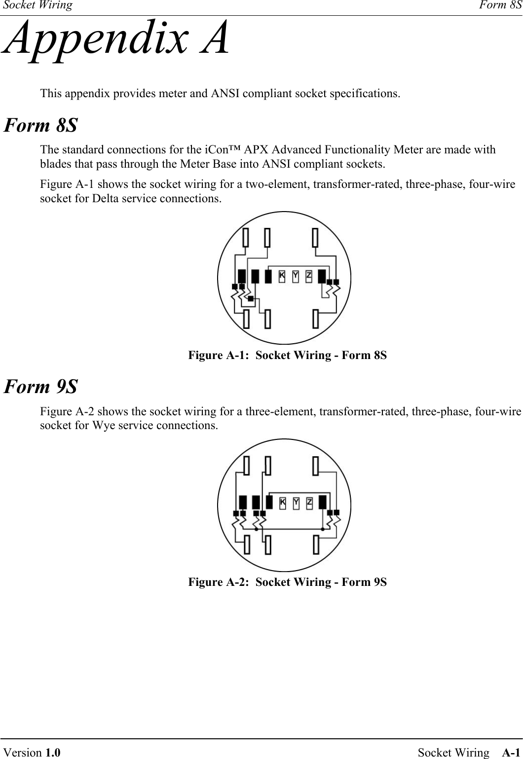 Socket Wiring  Form 8S  Version 1.0  Socket Wiring    A-1  Appendix A This appendix provides meter and ANSI compliant socket specifications. Form 8S The standard connections for the iCon™ APX Advanced Functionality Meter are made with blades that pass through the Meter Base into ANSI compliant sockets. Figure A-1 shows the socket wiring for a two-element, transformer-rated, three-phase, four-wire socket for Delta service connections.  Figure A-1:  Socket Wiring - Form 8S Form 9S Figure A-2 shows the socket wiring for a three-element, transformer-rated, three-phase, four-wire socket for Wye service connections.  Figure A-2:  Socket Wiring - Form 9S 