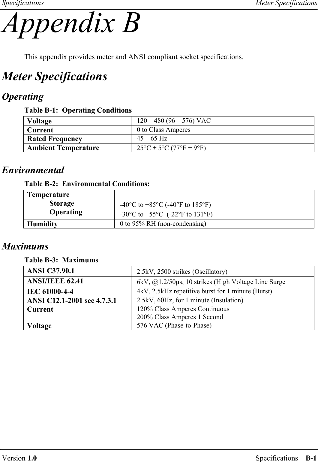 Specifications  Meter Specifications  Version 1.0  Specifications    B-1  Appendix B This appendix provides meter and ANSI compliant socket specifications. Meter Specifications Operating Table B-1:  Operating Conditions Voltage  120 – 480 (96 – 576) VAC Current  0 to Class Amperes Rated Frequency  45 – 65 Hz Ambient Temperature  25°C ± 5°C (77°F ± 9°F)   Environmental Table B-2:  Environmental Conditions: Temperature  Storage  Operating  -40°C to +85°C (-40°F to 185°F) -30°C to +55°C  (-22°F to 131°F) Humidity  0 to 95% RH (non-condensing)   Maximums Table B-3:  Maximums ANSI C37.90.1  2.5kV, 2500 strikes (Oscillatory) ANSI/IEEE 62.41  6kV, @1.2/50µs, 10 strikes (High Voltage Line Surge IEC 61000-4-4  4kV, 2.5kHz repetitive burst for 1 minute (Burst) ANSI C12.1-2001 sec 4.7.3.1  2.5kV, 60Hz, for 1 minute (Insulation) Current  120% Class Amperes Continuous 200% Class Amperes 1 Second Voltage  576 VAC (Phase-to-Phase)  