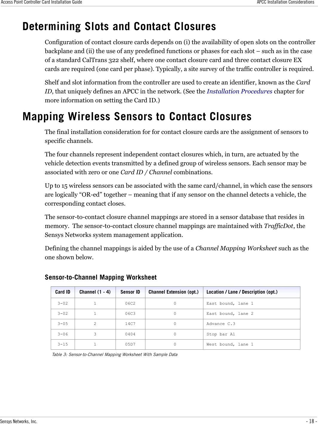 Access Point Controller Card Installation Guide APCC Installation ConsiderationsDetermining Slots and Contact Closures Configuration of contact closure cards depends on (i) the availability of open slots on the controller backplane and (ii) the use of any predefined functions or phases for each slot – such as in the case of a standard CalTrans 322 shelf, where one contact closure card and three contact closure EX cards are required (one card per phase). Typically, a site survey of the traffic controller is required.Shelf and slot information from the controller are used to create an identifier, known as the Card ID, that uniquely defines an APCC in the network. (See the Installation Procedures chapter for more information on setting the Card ID.)Mapping Wireless Sensors to Contact Closures The final installation consideration for for contact closure cards are the assignment of sensors to specific channels.The four channels represent independent contact closures which, in turn, are actuated by the vehicle detection events transmitted by a defined group of wireless sensors. Each sensor may be associated with zero or one Card ID / Channel combinations.Up to 15 wireless sensors can be associated with the same card/channel, in which case the sensors are logically “OR-ed” together – meaning that if any sensor on the channel detects a vehicle, the corresponding contact closes.The sensor-to-contact closure channel mappings are stored in a sensor database that resides in memory.  The sensor-to-contact closure channel mappings are maintained with TrafficDot, the Sensys Networks system management application.Defining the channel mappings is aided by the use of a Channel Mapping Worksheet such as the one shown below.Sensor-to-Channel Mapping WorksheetCard ID Channel (1 - 4) Sensor ID Channel Extension (opt.) Location / Lane / Description (opt.)3-02 1 06C2 0 East bound, lane 13-02 1 06C3 0 East bound, lane 23-05 2 14C7 0 Advance C.33-06 3 0404 0 Stop bar A13-15 1 05D7 0 West bound, lane 1Table 3: Sensor-to-Channel Mapping Worksheet With Sample DataSensys Networks, Inc. - 18 -