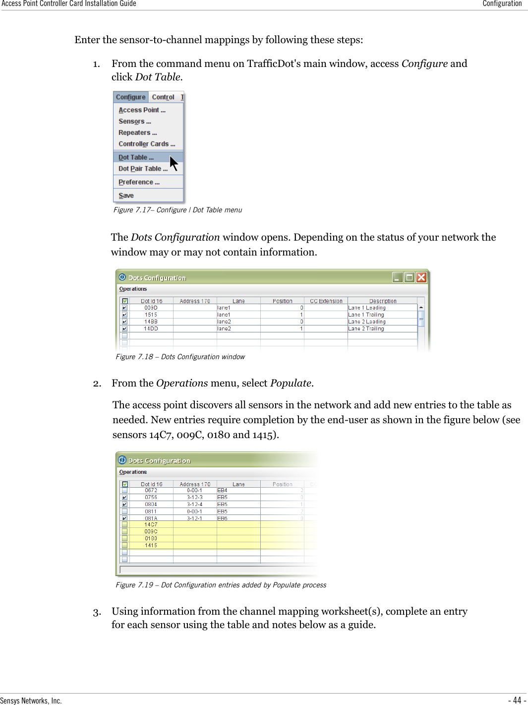 Access Point Controller Card Installation Guide ConfigurationEnter the sensor-to-channel mappings by following these steps:1. From the command menu on TrafficDot&apos;s main window, access Configure and click Dot Table.Figure 7.17– Configure | Dot Table menuThe Dots Configuration window opens. Depending on the status of your network the window may or may not contain information.Figure 7.18 – Dots Configuration window2. From the Operations menu, select Populate.The access point discovers all sensors in the network and add new entries to the table as needed. New entries require completion by the end-user as shown in the figure below (see sensors 14C7, 009C, 0180 and 1415).Figure 7.19 – Dot Configuration entries added by Populate process3. Using information from the channel mapping worksheet(s), complete an entry for each sensor using the table and notes below as a guide.Sensys Networks, Inc. - 44 -