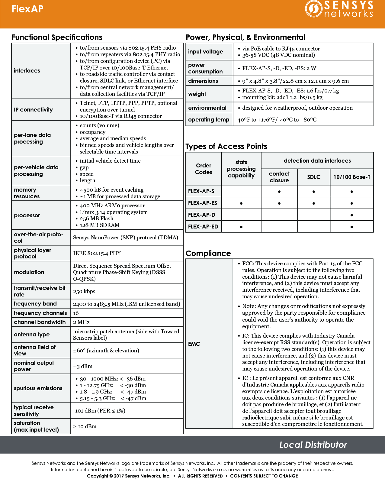 Sensys Networks and the Sensys Networks logo are trademarks of Sensys Networks, Inc.  All other trademarks are the property of their respective owners.Information contained herein is believed to be reliable, but Sensys Networks makes no warranties as to its accuracy or completeness. Copyright © 2017 Sensys Networks, Inc.  •  ALL RIGHTS RESERVED  •  CONTENTS SUBJECT TO CHANGELocal DistributorFlexAPFunctional Specicationsinterfaces• to/from sensors via 802.15.4 PHY radio • to/from repeaters via 802.15.4 PHY radio• to/from conguration device (PC) via TCP/IP over 10/100Base-T Ethernet• to roadside trac controller via contact closure, SDLC link, or Ethernet interface • to/from central network management/data collection facilities via TCP/IP IP connectivity• Telnet, FTP, HTTP, PPP, PPTP, optional encryption over tunnel• 10/100Base-T via RJ45 connectorper-lane data  processing• counts (volume)• occupancy• average and median speeds• binned speeds and vehicle lengths over selectable time intervalsper-vehicle data processing• initial vehicle detect time• gap• speed• lengthmemory  resources• ~500 kB for event caching• ~1 MB for processed data storageprocessor• 400 MHz ARM9 processor• Linux 3.14 operating system• 256 MB Flash• 128 MB SDRAMover-the-air proto-col Sensys NanoPower (SNP) protocol (TDMA)physical layer  protocol IEEE 802.15.4 PHYmodulationDirect Sequence Spread Spectrum Oset Quadrature Phase-Shift Keying (DSSS O-QPSK)transmit/receive bit rate  250 kbpsfrequency band 2400 to 2483.5 MHz (ISM unlicensed band)frequency channels 16channel bandwidth 2 MHzantenna type microstrip patch antenna (side with Toward Sensors label)antenna eld of view ±60° (azimuth &amp; elevation)nominal output power +3 dBmspurious emissions• 30 - 1000 MHz: &lt; -36 dBm• 1 - 12.75 GHz:     &lt; -30 dBm• 1.8 - 1.9 GHz:      &lt; -47 dBm• 5.15 - 5.3 GHz:    &lt; -47 dBmtypical receive  sensitivity -101 dBm (PER ≤ 1%)saturation (max input level) ≥ 10 dBmPower, Physical, &amp; Environmentalinput voltage • via PoE cable to RJ45 connector• 36-58 VDC (48 VDC nominal)power consumption • FLEX-AP-S, -D, -ED, -ES: 2 Wdimensions • 9” x 4.8” x 3.8”/22.8 cm x 12.1 cm x 9.6 cmweight • FLEX-AP-S, -D, -ED, -ES: 1.6 lbs/0.7 kg • mounting kit: add’l 1.2 lbs/0.5 kgenvironmental • designed for weatherproof, outdoor operationoperating temp -40ºF to +176ºF/-40ºC to +80ºCOrder Codesstatsprocessing capabilitydetection data interfacescontact closure SDLC 10/100 Base-TFLEX-AP-S ● ● ●FLEX-AP-ES ● ● ● ●FLEX-AP-D ●FLEX-AP-ED ● ●Types of Access PointsComplianceEMC• FCC: This device complies with Part 15 of the FCC rules. Operation is subject to the following two conditions: (1) This device may not cause harmful interference, and (2) this device must accept any interference received, including interference that may cause undesired operation.• Note: Any changes or modications not expressly approved by the party responsible for compliance could void the user’s authority to operate the equipment.• IC: This device complies with Industry Canada licence-exempt RSS standard(s). Operation is subject to the following two conditions: (1) this device may not cause interference, and (2) this device must accept any interference, including interference that may cause undesired operation of the device.• IC : Le présent appareil est conforme aux CNR d’Industrie Canada applicables aux appareils radio exempts de licence. L’exploitation est autorisée aux deux conditions suivantes : (1) l’appareil ne doit pas produire de brouillage, et (2) l’utilisateur de l’appareil doit accepter tout brouillage radioélectrique subi, même si le brouillage est susceptible d’en compromettre le fonctionnement.