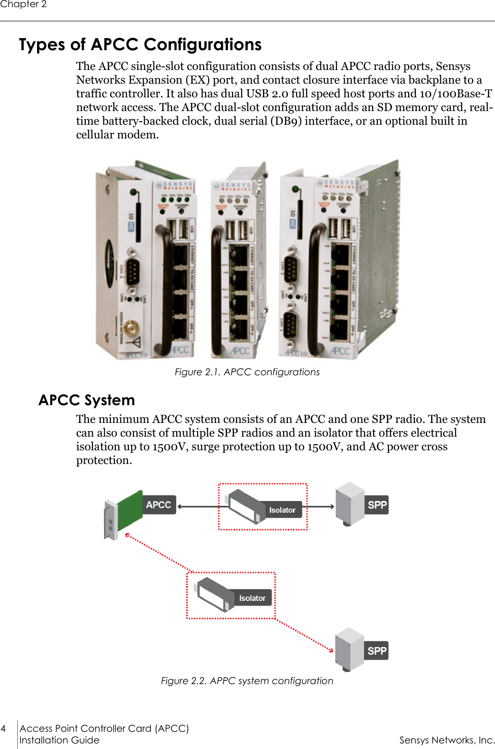 Chapter 24 Access Point Controller Card (APCC)Installation Guide Sensys Networks, Inc.Types of APCC ConfigurationsThe APCC single-slot configuration consists of dual APCC radio ports, Sensys Networks Expansion (EX) port, and contact closure interface via backplane to a traffic controller. It also has dual USB 2.0 full speed host ports and 10/100Base-T network access. The APCC dual-slot configuration adds an SD memory card, real-time battery-backed clock, dual serial (DB9) interface, or an optional built in cellular modem.Figure 2.1. APCC configurationsAPCC SystemThe minimum APCC system consists of an APCC and one SPP radio. The system can also consist of multiple SPP radios and an isolator that offers electrical isolation up to 1500V, surge protection up to 1500V, and AC power cross protection.Figure 2.2. APPC system configuration