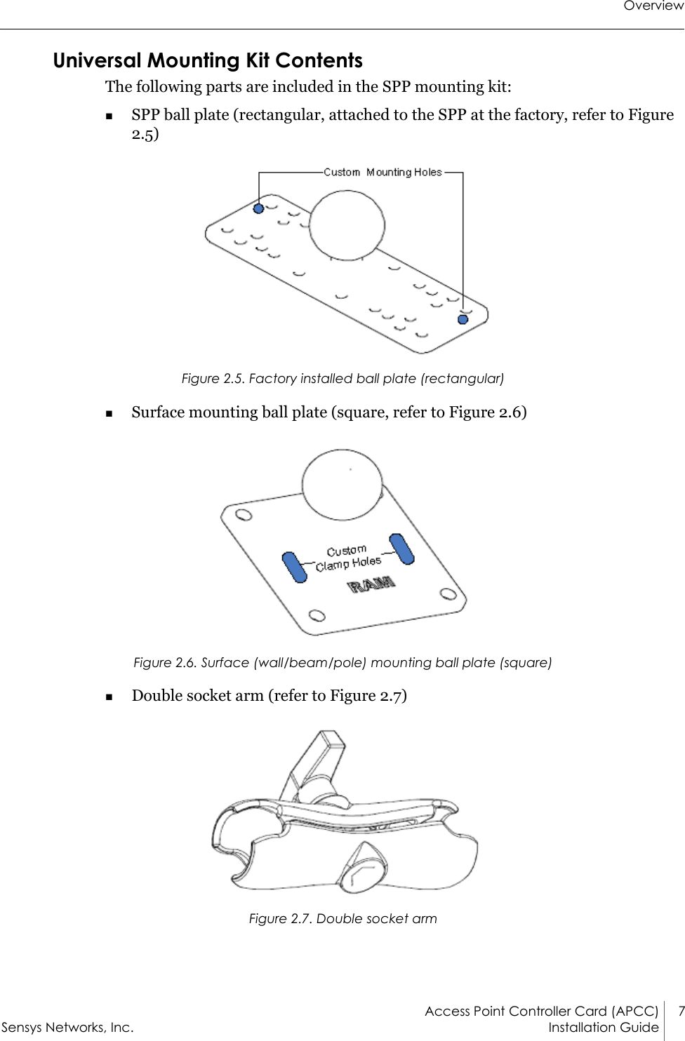 OverviewAccess Point Controller Card (APCC) 7Sensys Networks, Inc. Installation Guide Universal Mounting Kit ContentsThe following parts are included in the SPP mounting kit:SPP ball plate (rectangular, attached to the SPP at the factory, refer to Figure 2.5)Figure 2.5. Factory installed ball plate (rectangular)Surface mounting ball plate (square, refer to Figure 2.6)Figure 2.6. Surface (wall/beam/pole) mounting ball plate (square)Double socket arm (refer to Figure 2.7)Figure 2.7. Double socket arm