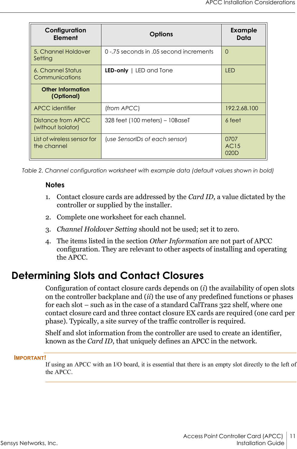 APCC Installation ConsiderationsAccess Point Controller Card (APCC)  11Sensys Networks, Inc. Installation Guide Table 2. Channel configuration worksheet with example data (default values shown in bold)Notes1. Contact closure cards are addressed by the Card ID, a value dictated by the controller or supplied by the installer.2. Complete one worksheet for each channel.3. Channel Holdover Setting should not be used; set it to zero.4. The items listed in the section Other Information are not part of APCC configuration. They are relevant to other aspects of installing and operating the APCC.Determining Slots and Contact Closures Configuration of contact closure cards depends on (i) the availability of open slots on the controller backplane and (ii) the use of any predefined functions or phases for each slot – such as in the case of a standard CalTrans 322 shelf, where one contact closure card and three contact closure EX cards are required (one card per phase). Typically, a site survey of the traffic controller is required.Shelf and slot information from the controller are used to create an identifier, known as the Card ID, that uniquely defines an APCC in the network. IMPORTANT!If using an APCC with an I/O board, it is essential that there is an empty slot directly to the left of the APCC.5. Channel Holdover Setting0 -.75 seconds in .05 second increments 06. Channel Status CommunicationsLED-only | LED and Tone LEDOther Information (Optional)APCC identifier (from APCC)192.2.68.100Distance from APCC (without Isolator)328 feet (100 meters) – 10BaseT  6 feetList of wireless sensor for the channel(use SensorIDs of each sensor)0707AC15020DConfiguration Element Options Example Data