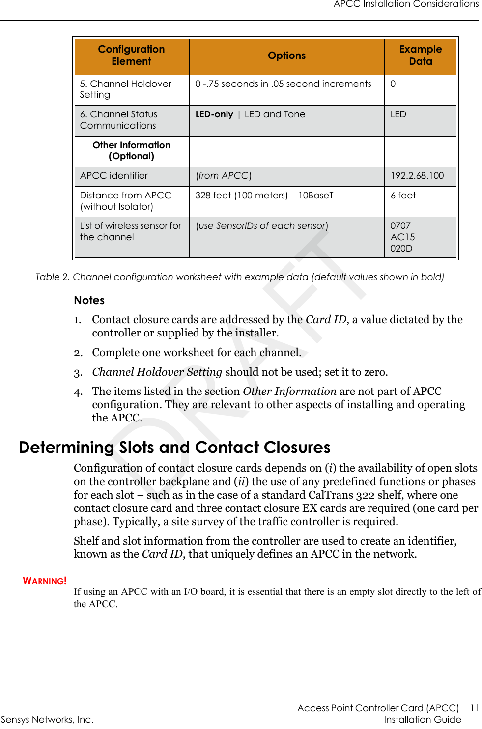 APCC Installation ConsiderationsAccess Point Controller Card (APCC)  11Sensys Networks, Inc. Installation Guide Table 2. Channel configuration worksheet with example data (default values shown in bold)Notes1. Contact closure cards are addressed by the Card ID, a value dictated by the controller or supplied by the installer.2. Complete one worksheet for each channel.3. Channel Holdover Setting should not be used; set it to zero.4. The items listed in the section Other Information are not part of APCC configuration. They are relevant to other aspects of installing and operating the APCC.Determining Slots and Contact Closures Configuration of contact closure cards depends on (i) the availability of open slots on the controller backplane and (ii) the use of any predefined functions or phases for each slot – such as in the case of a standard CalTrans 322 shelf, where one contact closure card and three contact closure EX cards are required (one card per phase). Typically, a site survey of the traffic controller is required.Shelf and slot information from the controller are used to create an identifier, known as the Card ID, that uniquely defines an APCC in the network. WARNING!If using an APCC with an I/O board, it is essential that there is an empty slot directly to the left of the APCC.5. Channel Holdover Setting0 -.75 seconds in .05 second increments 06. Channel Status CommunicationsLED-only | LED and Tone LEDOther Information (Optional)APCC identifier (from APCC)192.2.68.100Distance from APCC (without Isolator)328 feet (100 meters) – 10BaseT  6 feetList of wireless sensor for the channel(use SensorIDs of each sensor)0707AC15020DConfiguration Element Options Example DataDRAFT