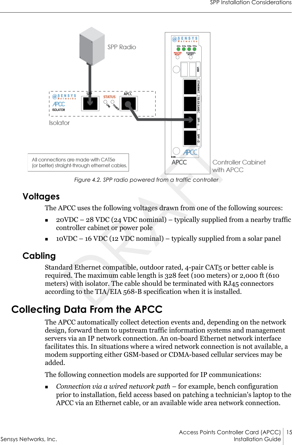 SPP Installation ConsiderationsAccess Points Controller Card (APCC) 15Sensys Networks, Inc. Installation Guide Figure 4.2. SPP radio powered from a traffic controllerVoltagesThe APCC uses the following voltages drawn from one of the following sources:20VDC – 28 VDC (24 VDC nominal) – typically supplied from a nearby traffic controller cabinet or power pole10VDC – 16 VDC (12 VDC nominal) – typically supplied from a solar panelCablingStandard Ethernet compatible, outdoor rated, 4-pair CAT5 or better cable is required. The maximum cable length is 328 feet (100 meters) or 2,000 ft (610 meters) with isolator. The cable should be terminated with RJ45 connectors according to the TIA/EIA 568-B specification when it is installed.Collecting Data From the APCCThe APCC automatically collect detection events and, depending on the network design, forward them to upstream traffic information systems and management servers via an IP network connection. An on-board Ethernet network interface facilitates this. In situations where a wired network connection is not available, a modem supporting either GSM-based or CDMA-based cellular services may be added.The following connection models are supported for IP communications:Connection via a wired network path – for example, bench configuration prior to installation, field access based on patching a technician&apos;s laptop to the APCC via an Ethernet cable, or an available wide area network connection.DRAFT