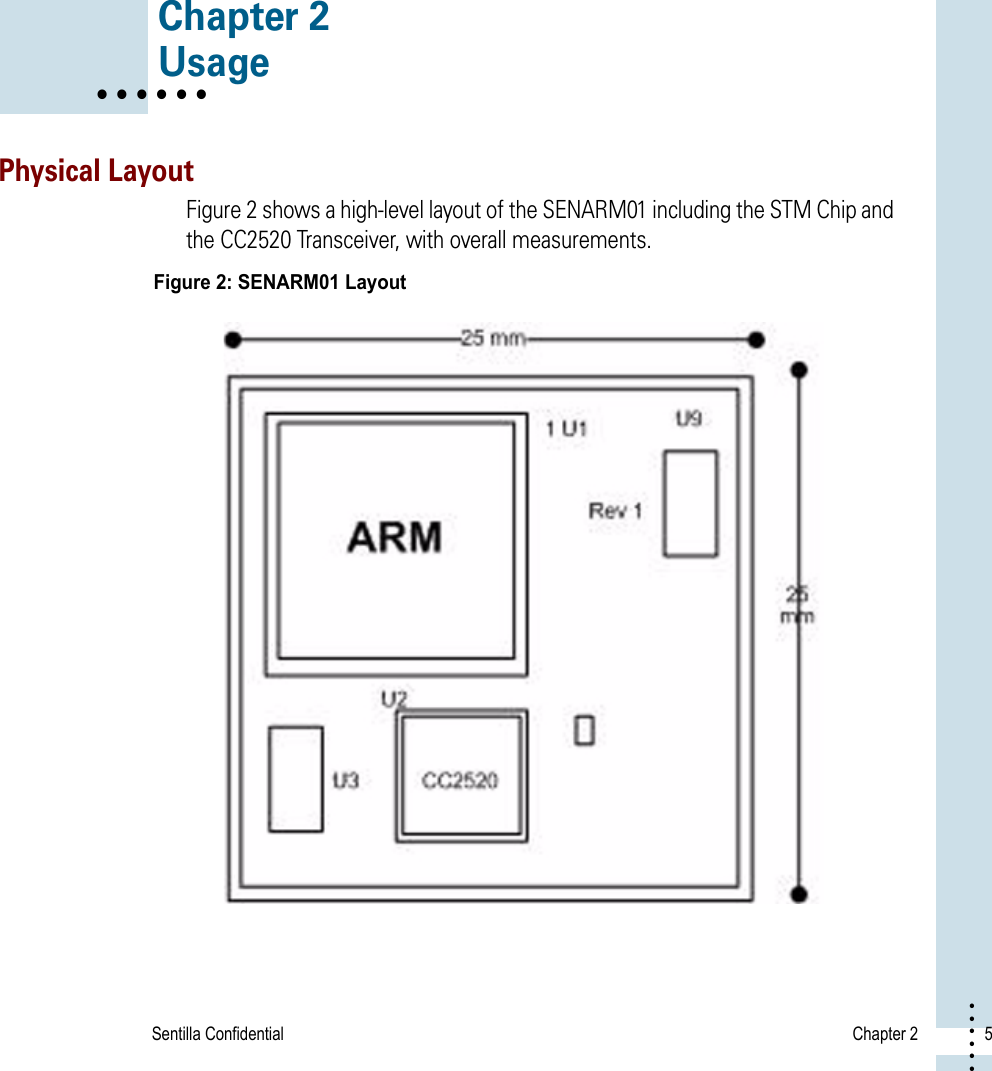 Sentilla Confidential  Chapter 2 5• • • ••• Chapter 2• • • • • • UsagePhysical LayoutFigure 2 shows a high-level layout of the SENARM01 including the STM Chip and the CC2520 Transceiver, with overall measurements. Figure 2: SENARM01 Layout