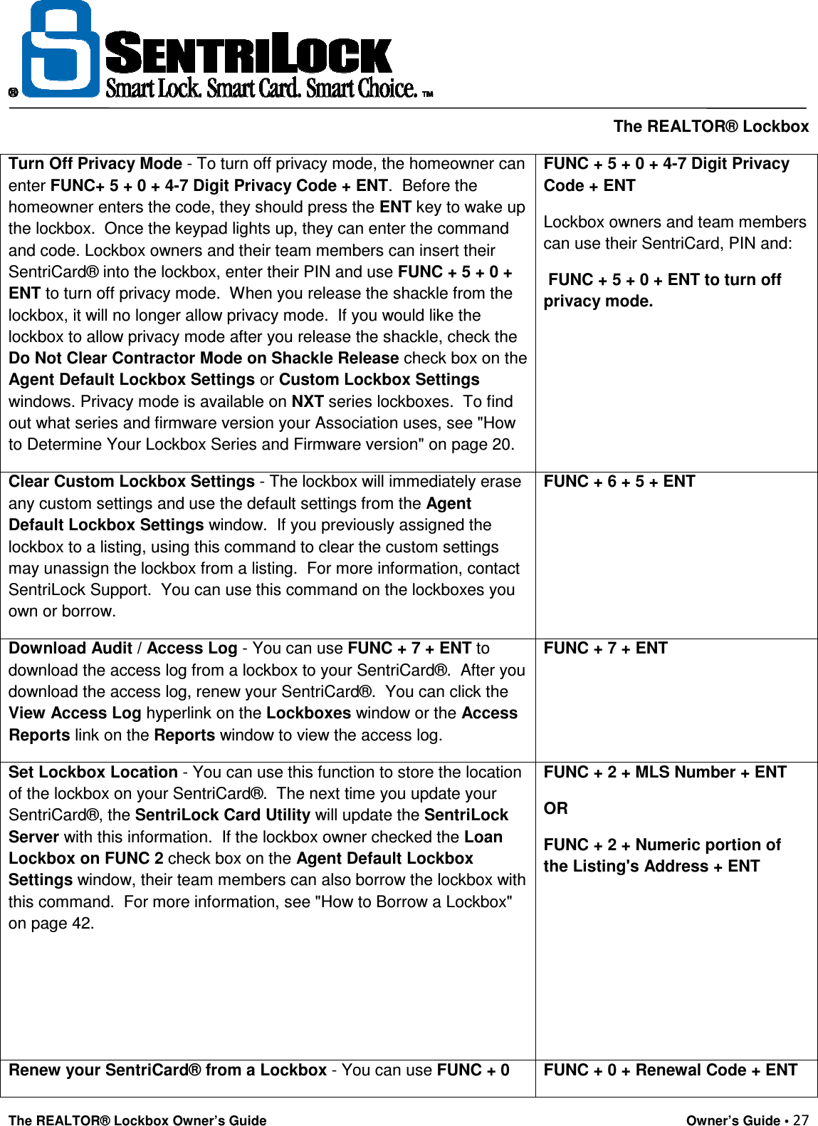     The REALTOR® Lockbox The REALTOR® Lockbox Owner’s Guide    Owner’s Guide • 27  Turn Off Privacy Mode - To turn off privacy mode, the homeowner can enter FUNC+ 5 + 0 + 4-7 Digit Privacy Code + ENT.  Before the homeowner enters the code, they should press the ENT key to wake up the lockbox.  Once the keypad lights up, they can enter the command and code. Lockbox owners and their team members can insert their SentriCard® into the lockbox, enter their PIN and use FUNC + 5 + 0 + ENT to turn off privacy mode.  When you release the shackle from the lockbox, it will no longer allow privacy mode.  If you would like the lockbox to allow privacy mode after you release the shackle, check the Do Not Clear Contractor Mode on Shackle Release check box on the Agent Default Lockbox Settings or Custom Lockbox Settings windows. Privacy mode is available on NXT series lockboxes.  To find out what series and firmware version your Association uses, see &quot;How to Determine Your Lockbox Series and Firmware version&quot; on page 20. FUNC + 5 + 0 + 4-7 Digit Privacy Code + ENT  Lockbox owners and team members can use their SentriCard, PIN and:  FUNC + 5 + 0 + ENT to turn off privacy mode. Clear Custom Lockbox Settings - The lockbox will immediately erase any custom settings and use the default settings from the Agent Default Lockbox Settings window.  If you previously assigned the lockbox to a listing, using this command to clear the custom settings may unassign the lockbox from a listing.  For more information, contact SentriLock Support.  You can use this command on the lockboxes you own or borrow. FUNC + 6 + 5 + ENT Download Audit / Access Log - You can use FUNC + 7 + ENT to download the access log from a lockbox to your SentriCard®.  After you download the access log, renew your SentriCard®.  You can click the View Access Log hyperlink on the Lockboxes window or the Access Reports link on the Reports window to view the access log. FUNC + 7 + ENT Set Lockbox Location - You can use this function to store the location of the lockbox on your SentriCard®.  The next time you update your SentriCard®, the SentriLock Card Utility will update the SentriLock Server with this information.  If the lockbox owner checked the Loan Lockbox on FUNC 2 check box on the Agent Default Lockbox Settings window, their team members can also borrow the lockbox with this command.  For more information, see &quot;How to Borrow a Lockbox&quot; on page 42.    FUNC + 2 + MLS Number + ENT  OR FUNC + 2 + Numeric portion of the Listing&apos;s Address + ENT Renew your SentriCard® from a Lockbox - You can use FUNC + 0 FUNC + 0 + Renewal Code + ENT 