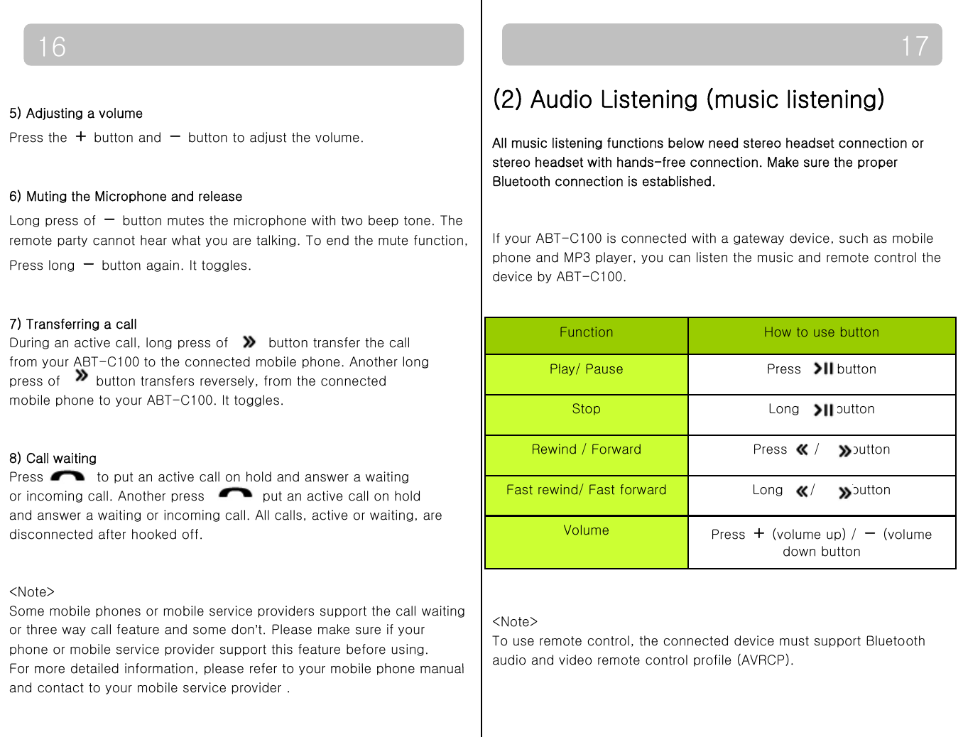 17165) Adjusting a volumePress the ＋button and －button to adjust the volume.(2) Audio Listening (music listening)All music listening functions below need stereo headset connection orstereo headset with hands-free connection. Make sure the proper6) Muting the Microphone and releaseLong press of －button mutes the microphone with two beep tone. The remote party cannot hear what you are talking. To end the mute function,Press long－button again It togglesppBluetooth connection is established.If your ABT-C100 is connected with a gateway device, such as mobilephone and MP3 player, you can listen the music and remote control the Press long button again. It toggles.7) Transferring a callDuring an active call, long press of  button transfer the callfrom your ABT-C100 to the connected mobile phone. Another longdevice by ABT-C100.Function How to use button Play/ PausePressbuttonypgpress of  button transfers reversely, from the connected mobile phone to your ABT-C100. It toggles.8) Call waitingPlay/ Pause  Press buttonStop  Long  buttonRewind / Forward Press  /  buttonPress  to put an active call on hold and answer a waiting or incoming call. Another press  put an active call on holdand answer a waiting or incoming call. All calls, active or waiting, aredisconnected after hooked off. Fast rewind/ Fast forward Long  / buttonVolume Press ＋(volume up) / －(volume down button&lt;Note&gt;Some mobile phones or mobile service providers support the call waitingor three way call feature and some don’t. Please make sure if yourphone or mobile service provider support this feature before using.For more detailed information please refer to your mobile phone manual&lt;Note&gt;To use remote control, the connected device must support Bluetoothaudio and video remote control profile (AVRCP).For more detailed information, please refer to your mobile phone manualand contact to your mobile service provider . 