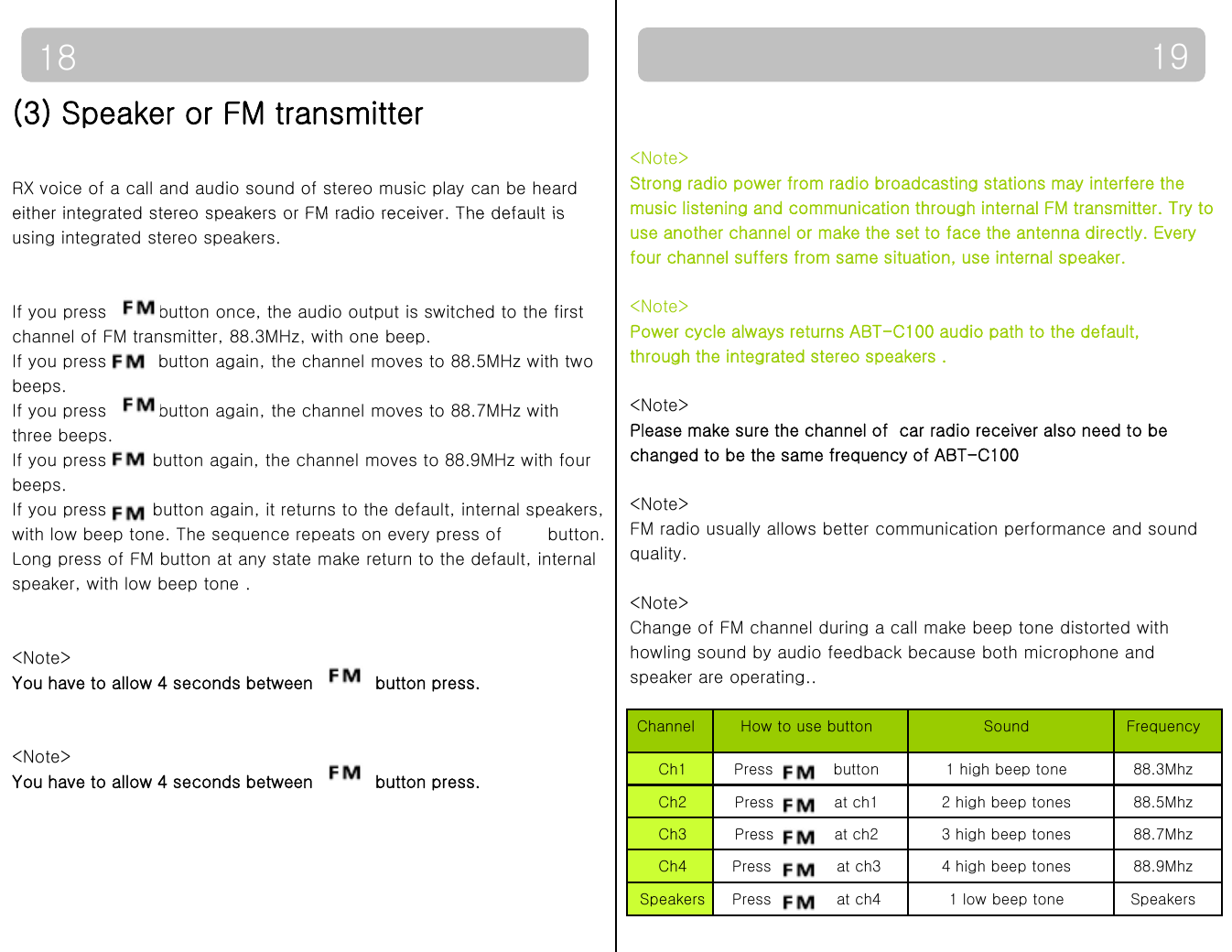 1918&lt;Note&gt;Strong radio power from radio broadcasting stations may interfere the music listening and communication through internal FM transmitter.Try to(3) Speaker or FM transmitter RX voice of a call and audio sound of stereo music play can be heard either integrated stereo speakers or FM radio receiver The default ismusic listening and communication through internal FM transmitter.Try touse another channel or make the set to face the antenna directly. Everyfour channel suffers from same situation, use internal speaker.&lt;Note&gt;Power cycle always returns ABT-C100 audio path to the default,either integrated stereo speakers or FM radio receiver. The default isusing integrated stereo speakers. If you press         button once, the audio output is switched to the firstchannel of FM transmitter, 88.3MHz, with one beep.through the integrated stereo speakers .&lt;Note&gt;Please make sure the channel of  car radio receiver also need to bechanged to be the same frequency of ABT-C100 channel of FM transmitter, 88.3MHz, with one beep. If you press         button again, the channel moves to 88.5MHz with twobeeps.  If you press  button again, the channel moves to 88.7MHz with three beeps.If you press  button again, the channel moves to 88.9MHz with four&lt;Note&gt;FM radio usually allows better communication performance and soundquality.&lt;N t &gt;beeps.If you press        button again, it returns to the default, internal speakers, with low beep tone. The sequence repeats on every press of    button.Long press of FM button at any state make return to the default, internalspeaker, with low beep tone .&lt;Note&gt;Change of FM channel during a call make beep tone distorted with howling sound by audio feedback because both microphone andspeaker are operating..&lt;Note&gt;You have to allow 4 seconds between           button press.ChannelHow to use buttonSoundFrequency&lt;Note&gt;You have to allow 4 seconds between           button press.ChannelHow to use button Sound FrequencyCh1 Press     button  1 high beep tone 88.3MhzCh2 Press   at ch1 2 high beep tones 88.5MhzCh3 Press            at ch2 3 high beep tones 88.7MhzCh4 Press  at ch3 4 high beep tones 88.9MhzSpeakers Press  at ch4  1 low beep tone Speakers