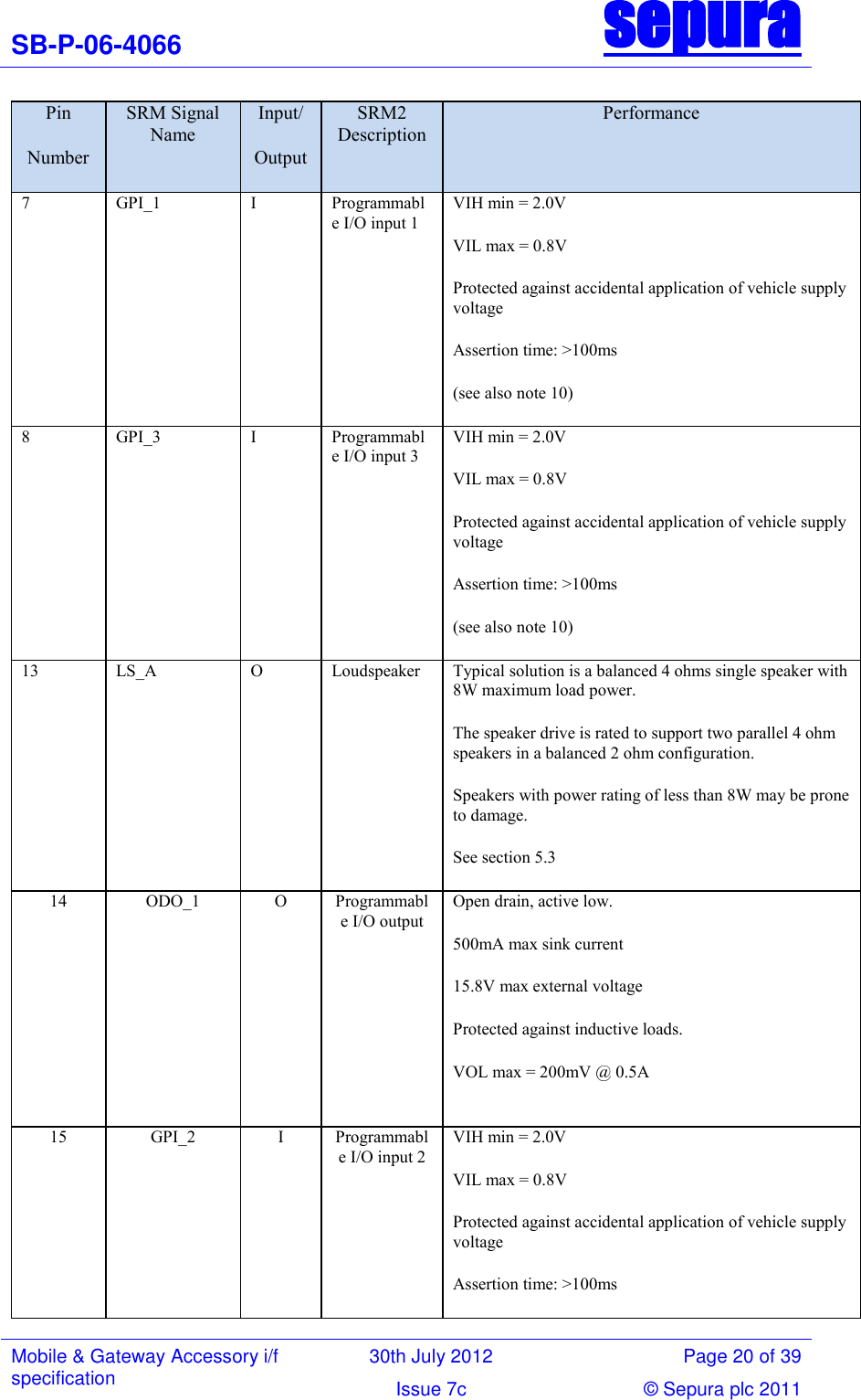 SB-P-06-4066 sepura  Mobile &amp; Gateway Accessory i/f specification 30th July 2012 Page 20 of 39 Issue 7c © Sepura plc 2011   Pin Number SRM Signal Name Input/ Output SRM2 Description Performance 7 GPI_1 I Programmable I/O input 1 VIH min = 2.0V VIL max = 0.8V Protected against accidental application of vehicle supply voltage Assertion time: &gt;100ms (see also note 10) 8 GPI_3 I Programmable I/O input 3 VIH min = 2.0V VIL max = 0.8V Protected against accidental application of vehicle supply voltage Assertion time: &gt;100ms (see also note 10) 13 LS_A O Loudspeaker Typical solution is a balanced 4 ohms single speaker with 8W maximum load power.  The speaker drive is rated to support two parallel 4 ohm speakers in a balanced 2 ohm configuration. Speakers with power rating of less than 8W may be prone to damage. See section 5.3 14 ODO_1 O Programmable I/O output Open drain, active low.  500mA max sink current 15.8V max external voltage Protected against inductive loads. VOL max = 200mV @ 0.5A 15 GPI_2 I Programmable I/O input 2 VIH min = 2.0V VIL max = 0.8V Protected against accidental application of vehicle supply voltage Assertion time: &gt;100ms 