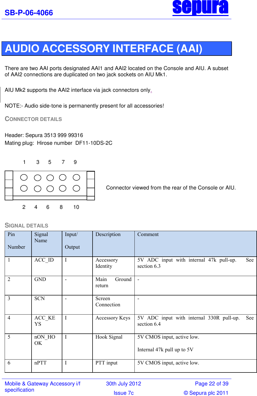 SB-P-06-4066 sepura  Mobile &amp; Gateway Accessory i/f specification 30th July 2012 Page 22 of 39 Issue 7c © Sepura plc 2011    AUDIO ACCESSORY INTERFACE (AAI)   There are two AAI ports designated AAI1 and AAI2 located on the Console and AIU. A subset of AAI2 connections are duplicated on two jack sockets on AIU Mk1.  AIU Mk2 supports the AAI2 interface via jack connectors only.  NOTE:- Audio side-tone is permanently present for all accessories! CONNECTOR DETAILS  Header: Sepura 3513 999 99316 Mating plug:  Hirose number  DF11-10DS-2C   SIGNAL DETAILS Pin  Number Signal Name Input/ Output Description Comment 1 ACC_ID I Accessory Identity 5V  ADC  input  with  internal  47k  pull-up.      See section 6.3 2 GND - Main  Ground return - 3 SCN - Screen Connection - 4 ACC_KEYS I Accessory Keys 5V  ADC  input  with  internal  330R  pull-up.    See section 6.4 5 nON_HOOK I Hook Signal 5V CMOS input, active low.  Internal 47k pull up to 5V  6 nPTT I PTT input 5V CMOS input, active low. 1       3      5       7      9          2      4      6       8       10       Connector viewed from the rear of the Console or AIU. 