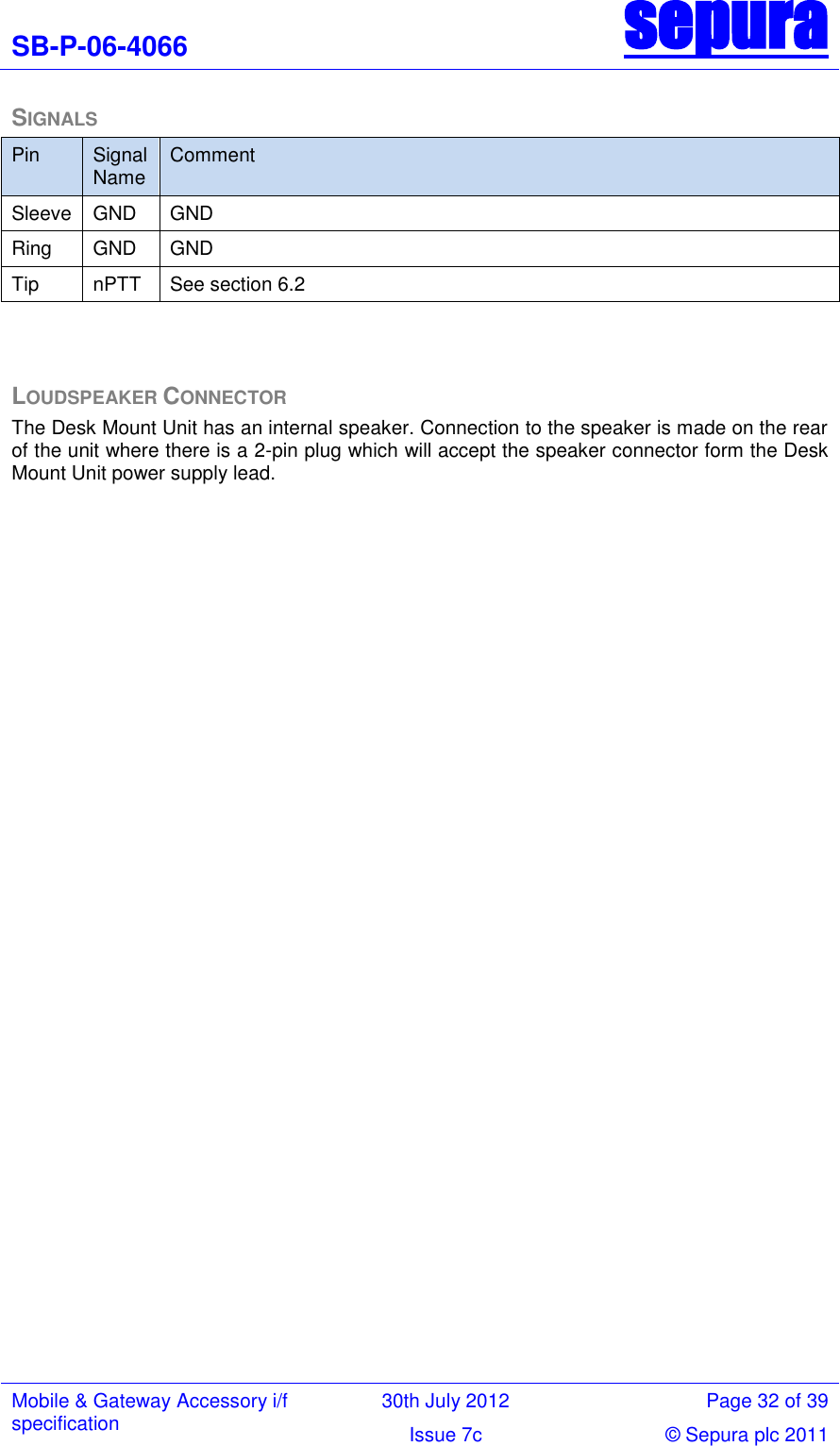 SB-P-06-4066 sepura  Mobile &amp; Gateway Accessory i/f specification 30th July 2012 Page 32 of 39 Issue 7c © Sepura plc 2011   SIGNALS Pin Signal Name Comment Sleeve GND GND Ring  GND GND Tip nPTT See section 6.2   LOUDSPEAKER CONNECTOR The Desk Mount Unit has an internal speaker. Connection to the speaker is made on the rear of the unit where there is a 2-pin plug which will accept the speaker connector form the Desk Mount Unit power supply lead. 