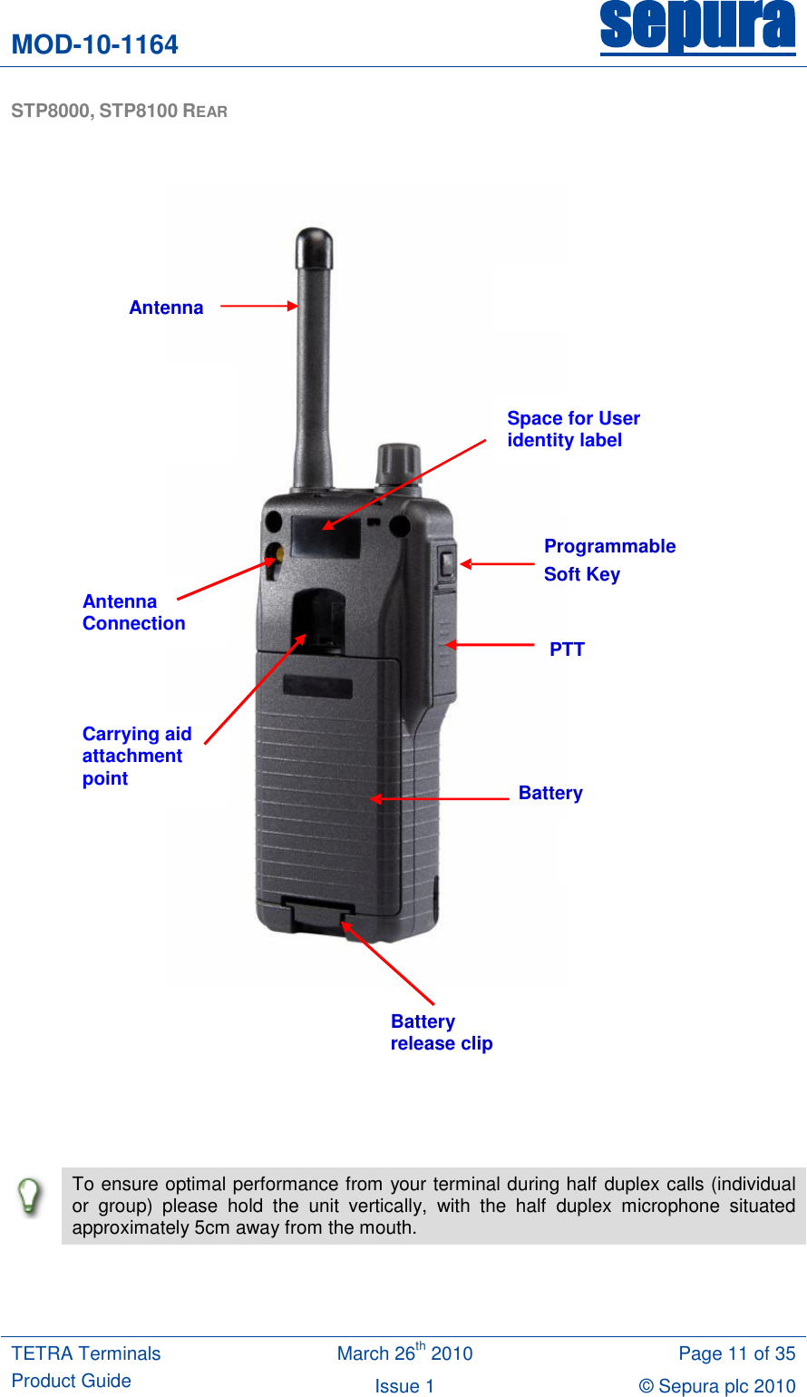 MOD-10-1164 sepura  TETRA Terminals Product Guide March 26th 2010 Page 11 of 35 Issue 1 © Sepura plc 2010   STP8000, STP8100 REAR      To ensure optimal performance from your terminal during half duplex calls (individual or  group)  please  hold  the  unit  vertically,  with  the  half  duplex  microphone  situated approximately 5cm away from the mouth.    Antenna   PTT Programmable  Soft Key Battery Battery release clip Antenna Connection Carrying aid attachment point Space for User identity label 