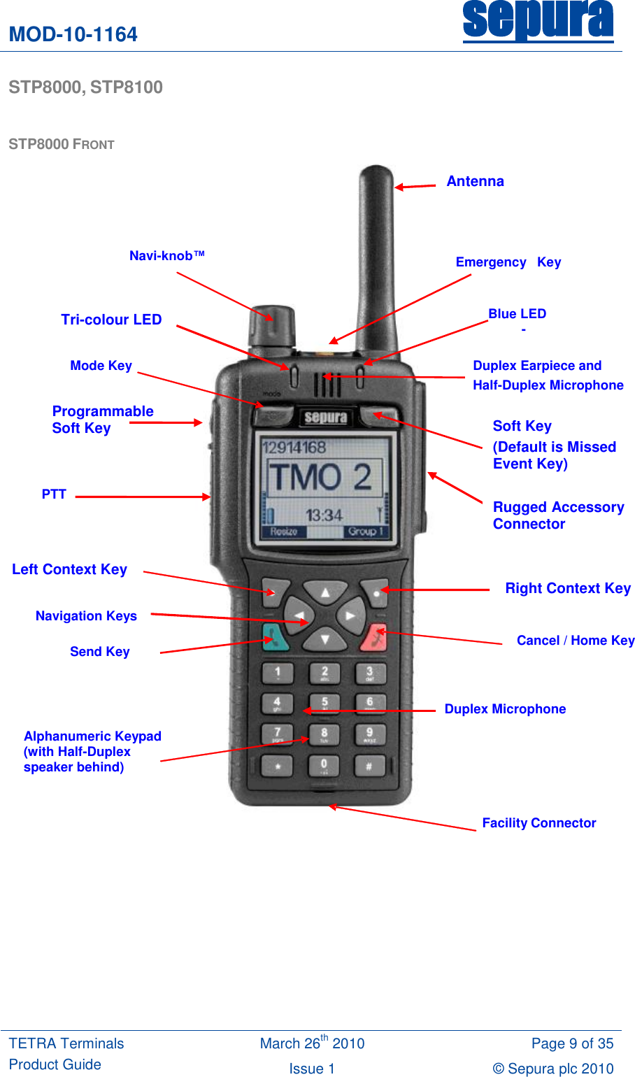 MOD-10-1164 sepura  TETRA Terminals Product Guide March 26th 2010 Page 9 of 35 Issue 1 © Sepura plc 2010   STP8000, STP8100  STP8000 FRONT   Emergency   Key  Navi-knob™  Mode Key PTT  Navigation Keys Send Key Duplex Earpiece and  Half-Duplex Microphone    -  Cancel / Home Key Alphanumeric Keypad (with Half-Duplex speaker behind) Facility Connector Duplex Microphone - Blue LED Antenna Left Context Key Right Context Key Programmable  Soft Key  Tri-colour LED Soft Key (Default is Missed Event Key) Rugged Accessory Connector 