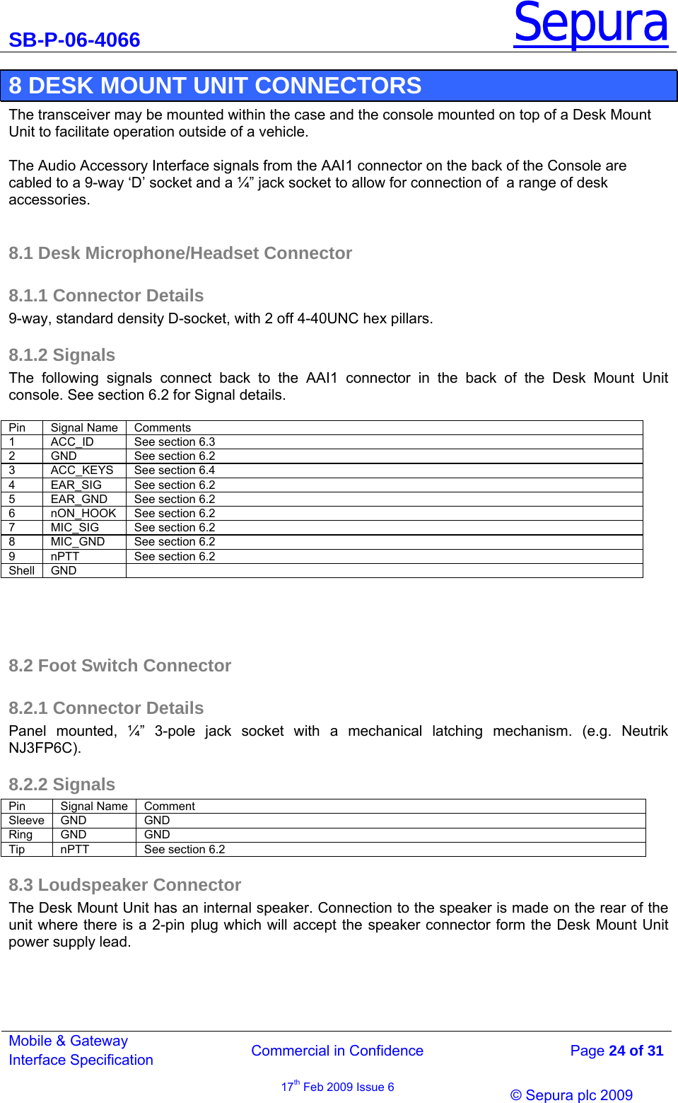 SB-P-06-4066 Sepura  Commercial in Confidence   Page 24 of 31 Mobile &amp; Gateway Interface Specification 17th Feb 2009 Issue 6                © Sepura plc 2009   8 DESK MOUNT UNIT CONNECTORS The transceiver may be mounted within the case and the console mounted on top of a Desk Mount Unit to facilitate operation outside of a vehicle.   The Audio Accessory Interface signals from the AAI1 connector on the back of the Console are cabled to a 9-way ‘D’ socket and a ¼” jack socket to allow for connection of  a range of desk accessories.  8.1 Desk Microphone/Headset Connector 8.1.1 Connector Details 9-way, standard density D-socket, with 2 off 4-40UNC hex pillars. 8.1.2 Signals The following signals connect back to the AAI1 connector in the back of the Desk Mount Unit console. See section 6.2 for Signal details.  Pin Signal Name Comments 1  ACC_ID  See section 6.3 2  GND  See section 6.2 3  ACC_KEYS  See section 6.4 4  EAR_SIG  See section 6.2 5  EAR_GND  See section 6.2 6  nON_HOOK  See section 6.2 7  MIC_SIG  See section 6.2 8  MIC_GND  See section 6.2 9  nPTT  See section 6.2 Shell GND     8.2 Foot Switch Connector 8.2.1 Connector Details Panel mounted, ¼” 3-pole jack socket with a mechanical latching mechanism. (e.g. Neutrik NJ3FP6C).  8.2.2 Signals Pin Signal Name Comment Sleeve GND  GND Ring   GND  GND Tip  nPTT  See section 6.2 8.3 Loudspeaker Connector The Desk Mount Unit has an internal speaker. Connection to the speaker is made on the rear of the unit where there is a 2-pin plug which will accept the speaker connector form the Desk Mount Unit power supply lead. 