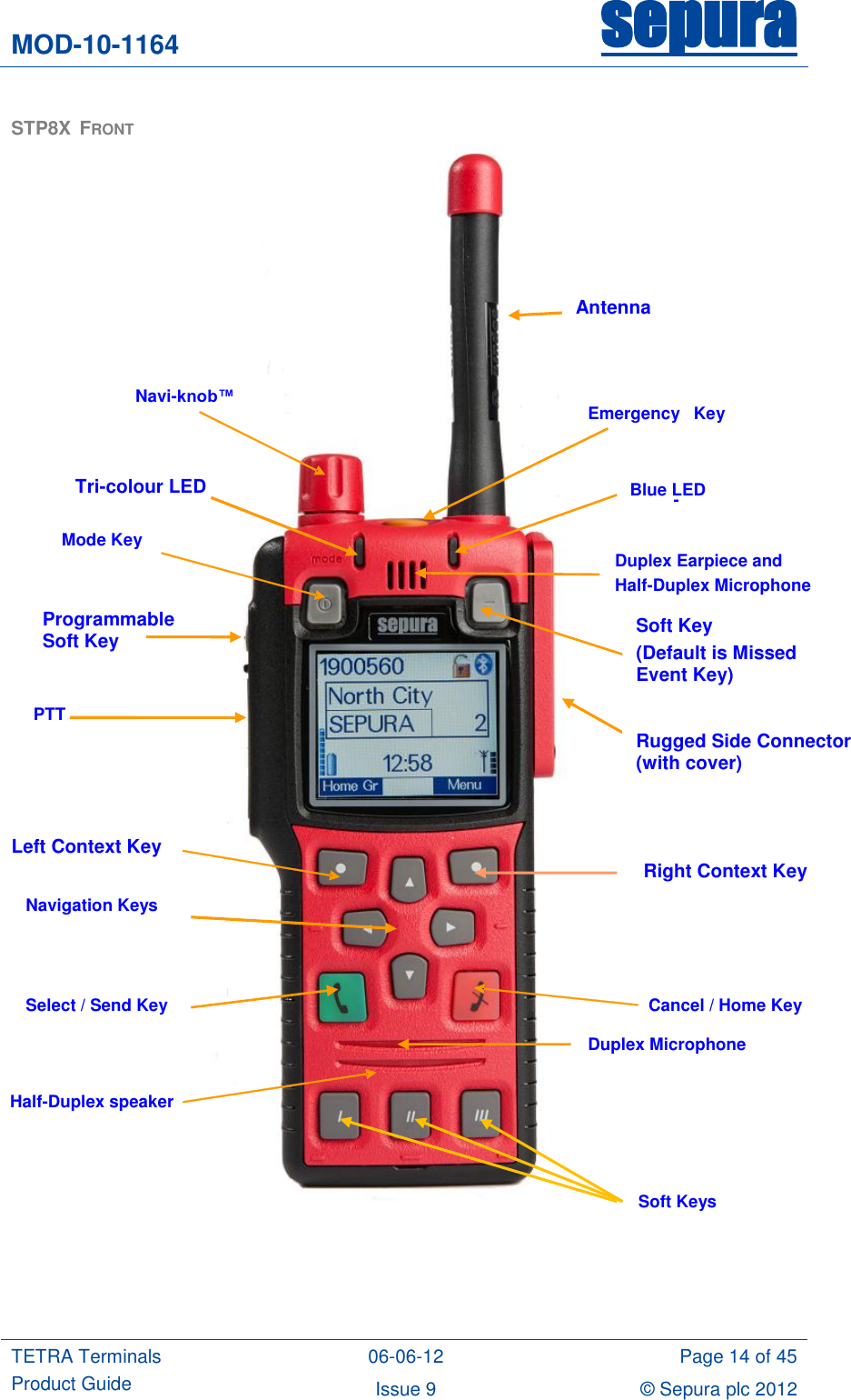 MOD-10-1164 sepura  TETRA Terminals Product Guide 06-06-12 Page 14 of 45 Issue 9 © Sepura plc 2012   STP8X  FRONT                                       Emergency   Key  Navi-knob™  Mode Key PTT  Navigation Keys Select / Send Key Duplex Earpiece and  Half-Duplex Microphone    -  Cancel / Home Key   Half-Duplex speaker  Soft Keys Duplex Microphone - Blue LED Antenna Left Context Key Right Context Key Programmable Soft Key  Tri-colour LED Soft Key (Default is Missed Event Key) Rugged Side Connector (with cover)  