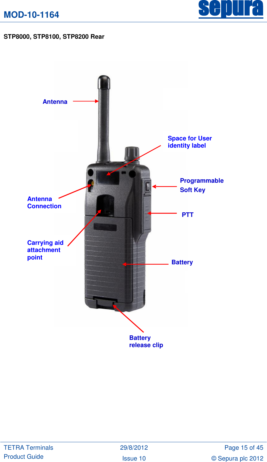 MOD-10-1164 sepura  TETRA Terminals Product Guide 29/8/2012 Page 15 of 45 Issue 10 © Sepura plc 2012   STP8000, STP8100, STP8200 Rear          Antenna   PTT Programmable  Soft Key Battery Battery release clip Antenna Connection Carrying aid attachment point Space for User identity label 